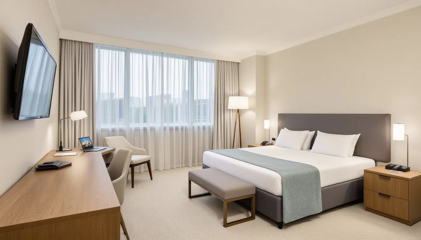 A modern hotel guest room featuring stylish furnishings, a plush bed, and essential business amenities designed for comfort and productivity. This inviting space caters to business travelers, ensuring a pleasant guest experience in the hospitality industry.