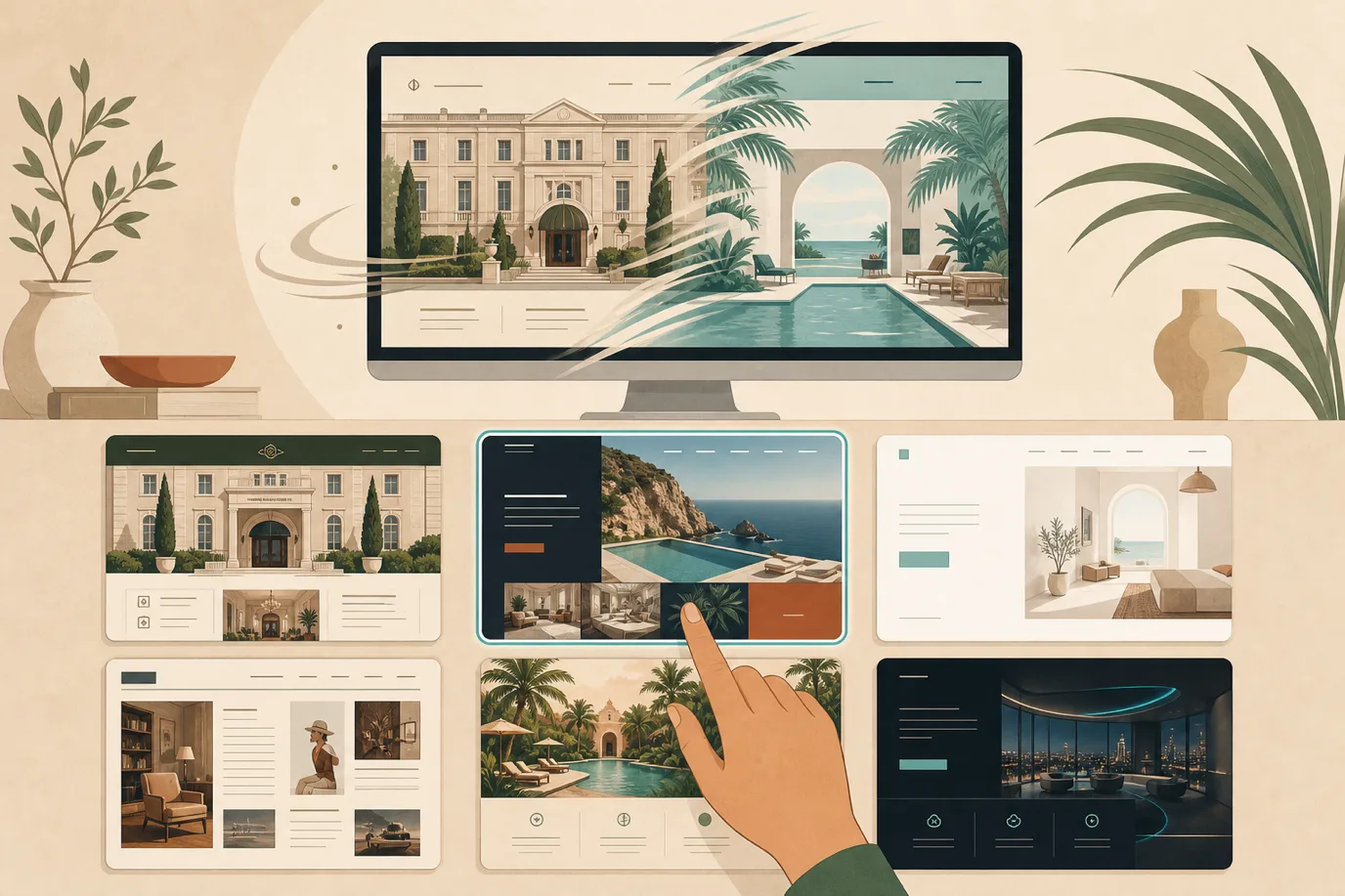 A cel-shaded editorial illustration in a warm palette with a teal accent: six small hotel website previews arranged like tiles, each with a distinct personality, one serif and stately, one bold and photographic, one airy and minimal, while a hand hovers over one tile and the large screen behind restyles itself to match, conveying a whole site redesign happening in a single click.