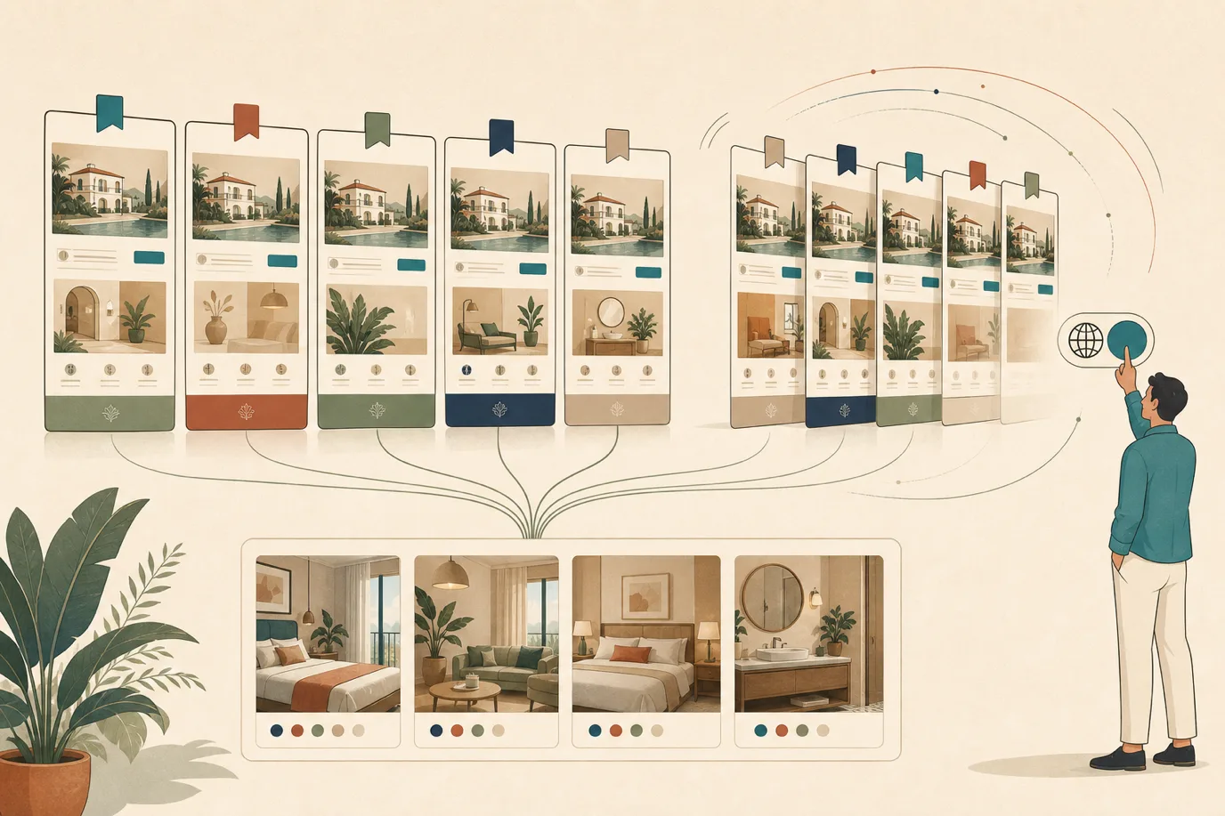 A cel-shaded editorial illustration in a warm palette with a teal accent: a hotel website shown as a neat row of mirrored pages, each flying a small different flag tab, connected by soft lines to one shared set of room cards and photos, while a guest figure taps a language switcher and the pages gently reshuffle, conveying one hotel site serving many languages from a single source.