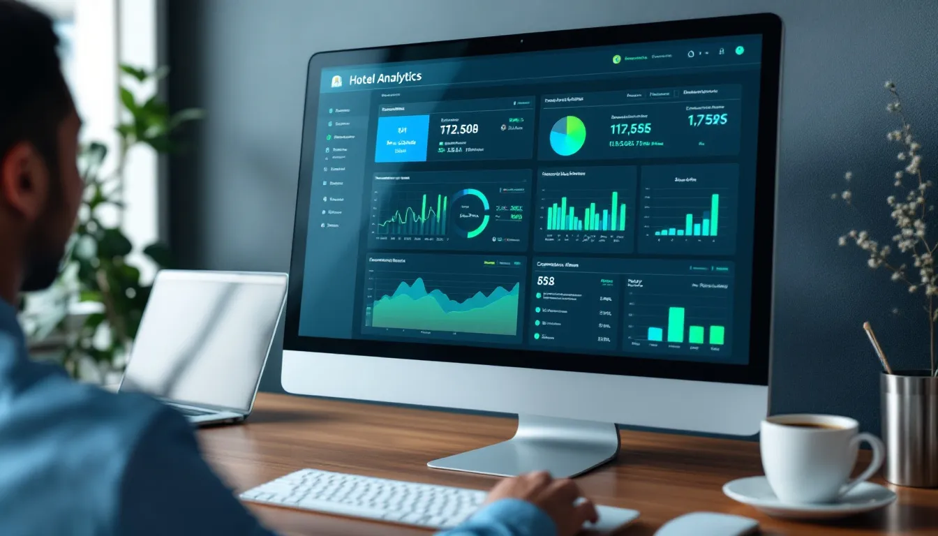 An analytics dashboard displayed on a computer screen showcases local search performance metrics for a hotel, highlighting key data such as local search rankings, visibility, and direct bookings. This visual representation emphasizes the importance of local SEO strategies in enhancing the hotel's online presence and attracting potential guests through search engines and local directories.