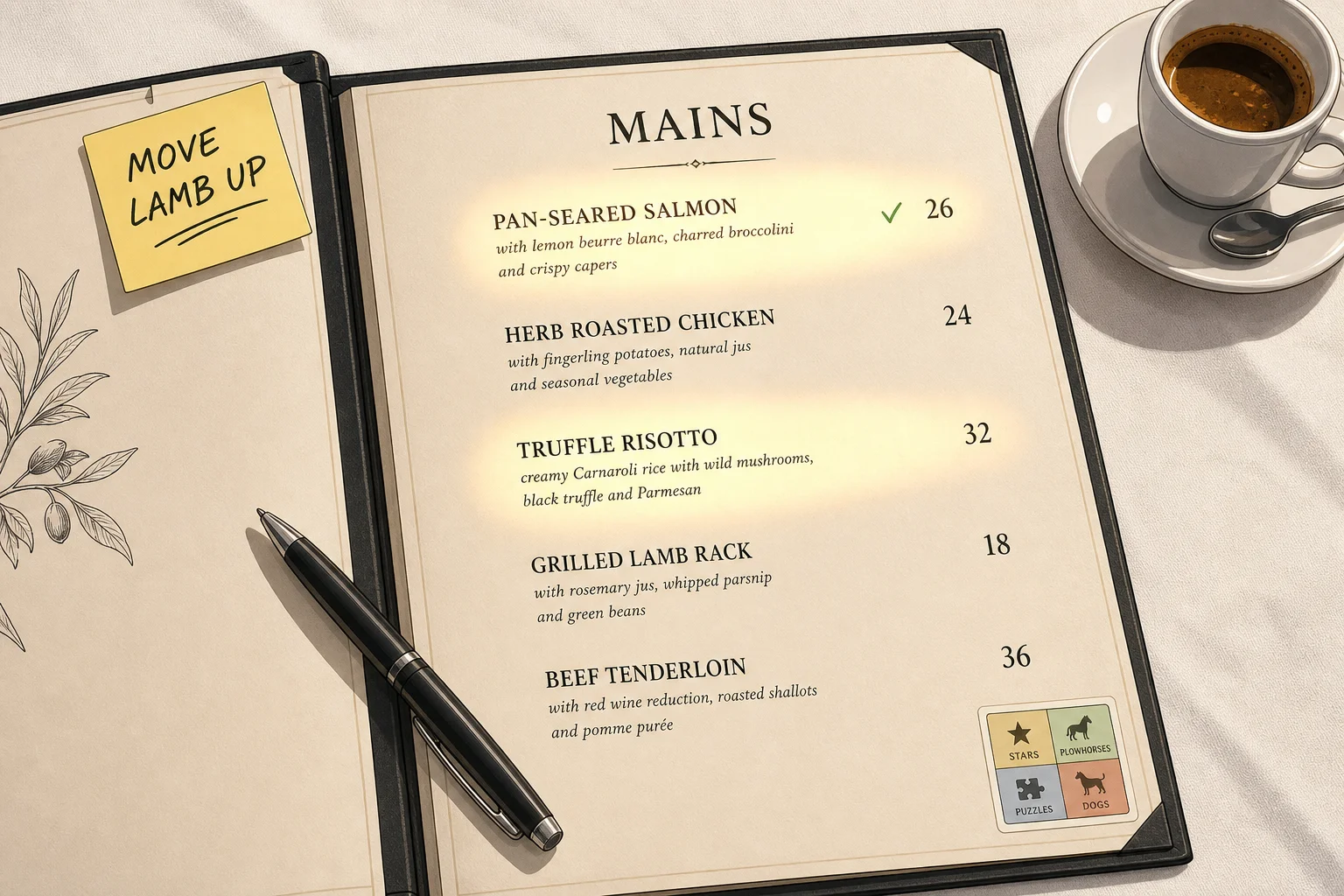 A cel-shaded editorial illustration of an open printed restaurant menu lying flat on a clean white linen tablecloth, the right page labelled MAINS at the top in elegant black serif type with five visible dish entries presented as plain numerals with no dollar signs, two of the dish entries highlighted with a soft amber spotlight indicating Golden Triangle high-attention zones for Pan-Seared Salmon and Truffle Risotto, a small handwritten yellow sticky note in the upper left corner reads MOVE LAMB UP, a small four-quadrant Stars Plowhorses Puzzles Dogs sticker visible on the menu's lower right corner, illustrating the menu layout discipline behind a properly engineered menu page.
