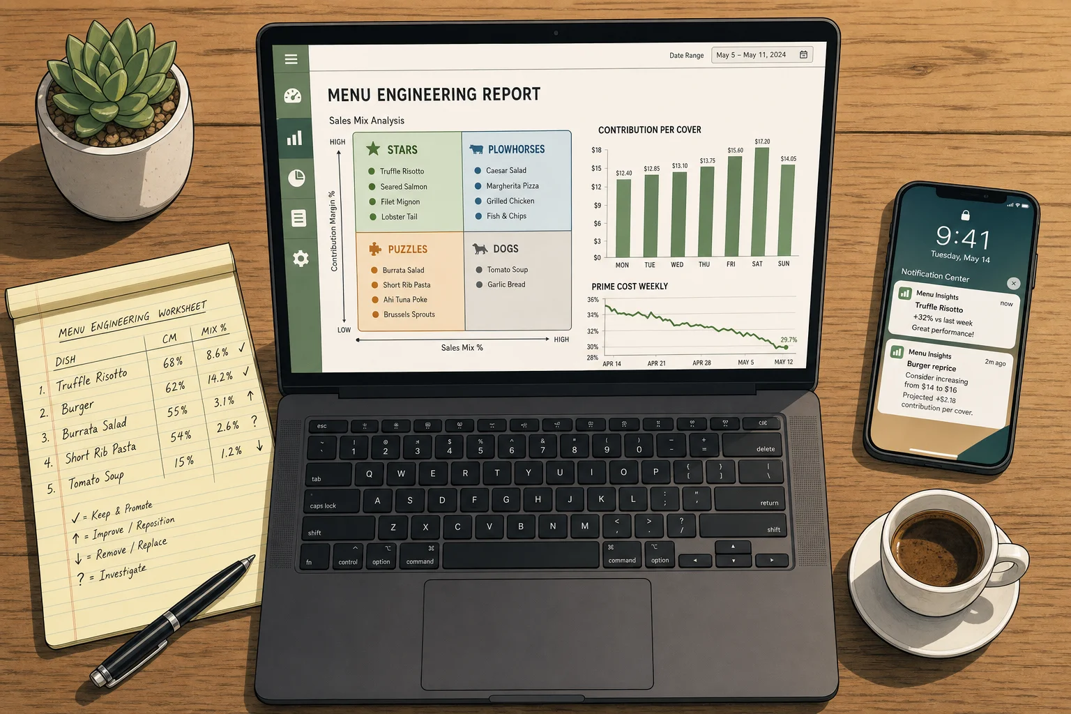 A cel-shaded editorial illustration of a clean wooden cafe table with an open 13-inch laptop showing a contemporary Tableview POS sales-mix dashboard titled MENU ENGINEERING REPORT, with a four-quadrant visualization of Stars, Plowhorses, Puzzles, and Dogs zones containing dish-name dots, a CONTRIBUTION PER COVER bar chart and a PRIME COST WEEKLY sparkline trending downward, beside the laptop a yellow legal pad with handwritten worksheet rows of dish names and CM and MIX percent columns with action symbols, a sleek smartphone showing a notification preview about repricing the Burger from 14 to 16 dollars, a black ballpoint pen, a small white espresso cup of dark coffee, and a tiny green succulent in a small white ceramic pot, illustrating the disciplined POS-driven menu engineering workflow and dashboard reporting.