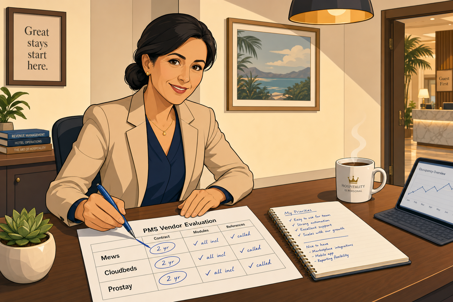 A hotelier reviewing a printed vendor shortlist with handwritten annotations next to each vendor name, including notes on contract length, included modules, integration depth and reference customer matches, illustrating the diligence pass that prevents a bad PMS choice.