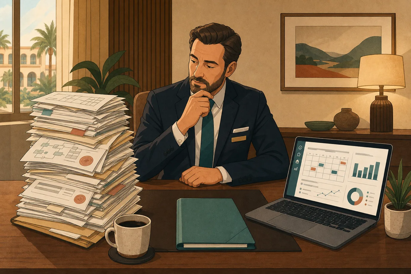 A cel-shaded editorial illustration of a hotel general manager at a desk comparing two stacks: on the left a tall pile of separate vendor contracts, interface diagrams and module invoices representing a legacy PMS ecosystem, on the right a single slim folder beside a laptop showing one unified dashboard, conveying the structural difference between a module stack and a unified platform.