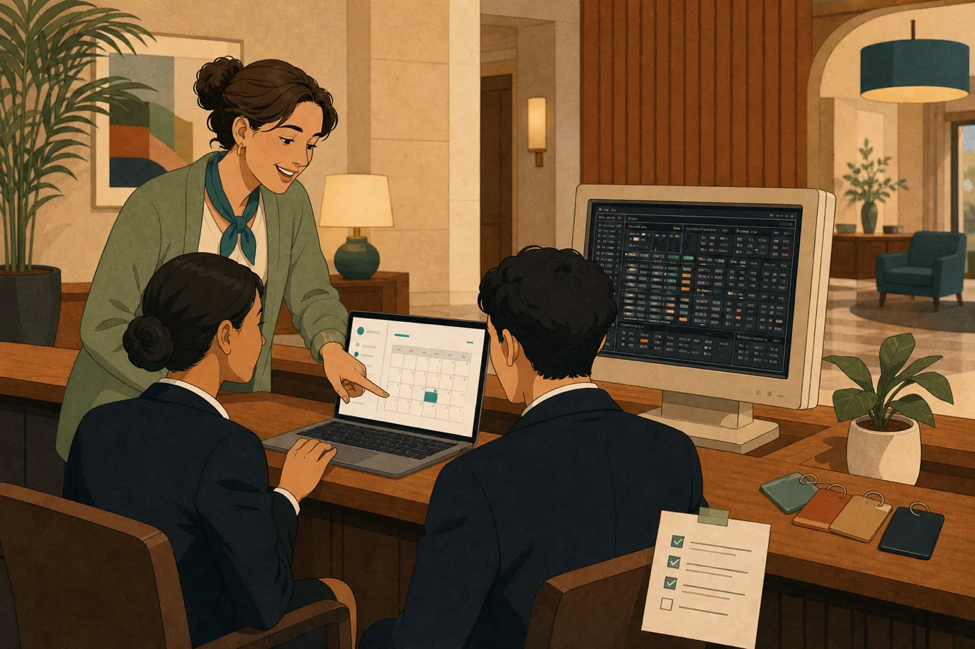 A cel-shaded editorial illustration of a hotel front-desk team during a migration parallel run: a trainer guides two receptionists on a new clean interface at one terminal while the old dense legacy system still glows on a second screen beside them, a printed cutover checklist taped to the desk, conveying a calm, well-planned PMS transition.