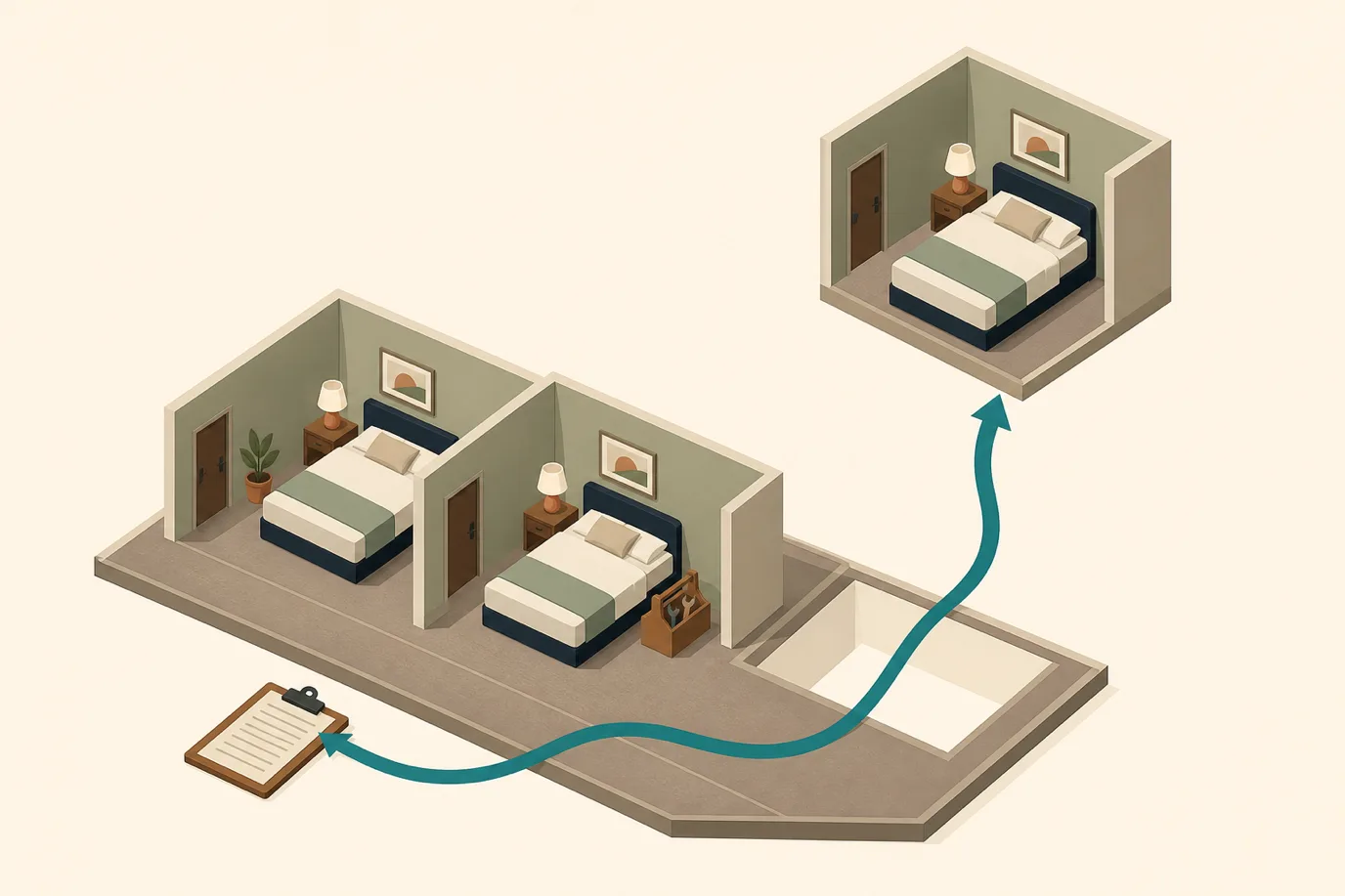 A soft flat vector isometric cutaway in cream, taupe, sage, terracotta and deep navy with a teal accent, showing one floor of a hotel as a row of small open rooms in a floor plate. Two rooms sit normally in the plate, each with a bed and a door, and one of them has a small wooden toolbox on the carpet beside the bed. A third room has been lifted clear of the floor plate and floats above it, leaving an empty rectangular slot behind, and a curving teal ribbon runs from the empty slot along the floor to a clipboard resting at the end of the corridor.
