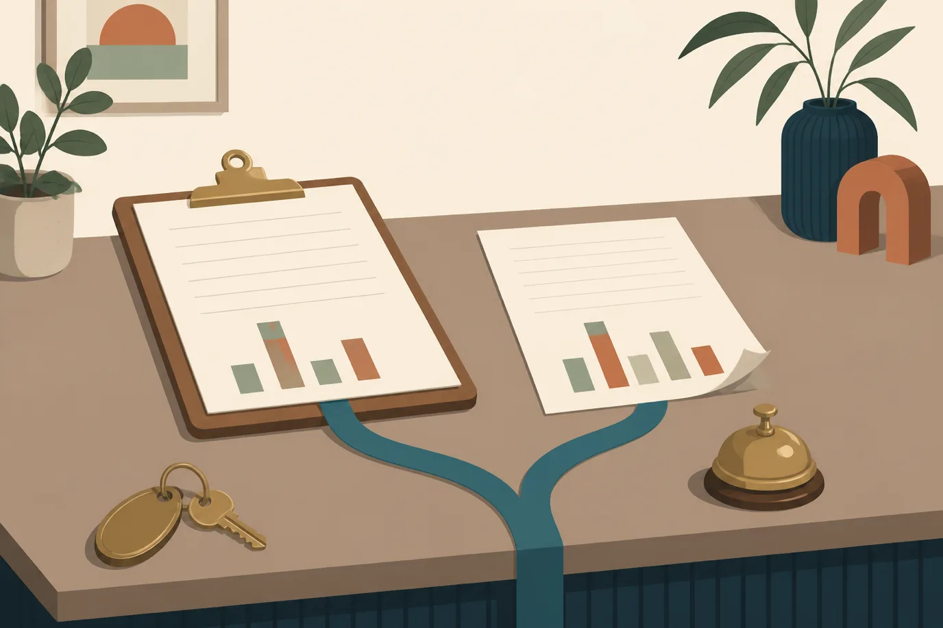 A soft flat vector illustration in cream, taupe, sage, terracotta and deep navy with a teal accent, seen at a slight angle across a reception desk: two printed reports lying side by side, the left one clipped to a wooden clipboard and the right one loose with a folded corner, each showing plain ruled lines and a small block of unlabelled bars of noticeably different heights. A single teal ribbon rises from the desk and splits into two strands, one running to each report. A brass room key on a fob and a small desk bell sit at the near edge.