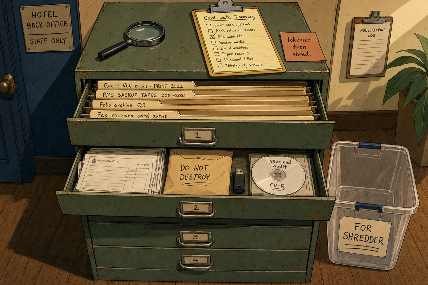 A cel-shaded editorial illustration of an old four-drawer metal filing cabinet in a hotel back office, viewed in cross-section, with the top two drawers fully open to reveal labeled folders for guest VCC emails, PMS backup tapes, folio archives, and fax-received card authorizations, alongside a sealed envelope marked do not destroy, a USB stick, and an audit CD-R, with a magnifying glass and a card-data discovery checklist on top of the cabinet and a clear plastic bin labeled FOR SHREDDER beside it, illustrating the everyday places cardholder data hides inside an independent hotel that the PCI DSS 4.0.1 Requirement 12.5.2 scope-confirmation exercise is designed to surface.