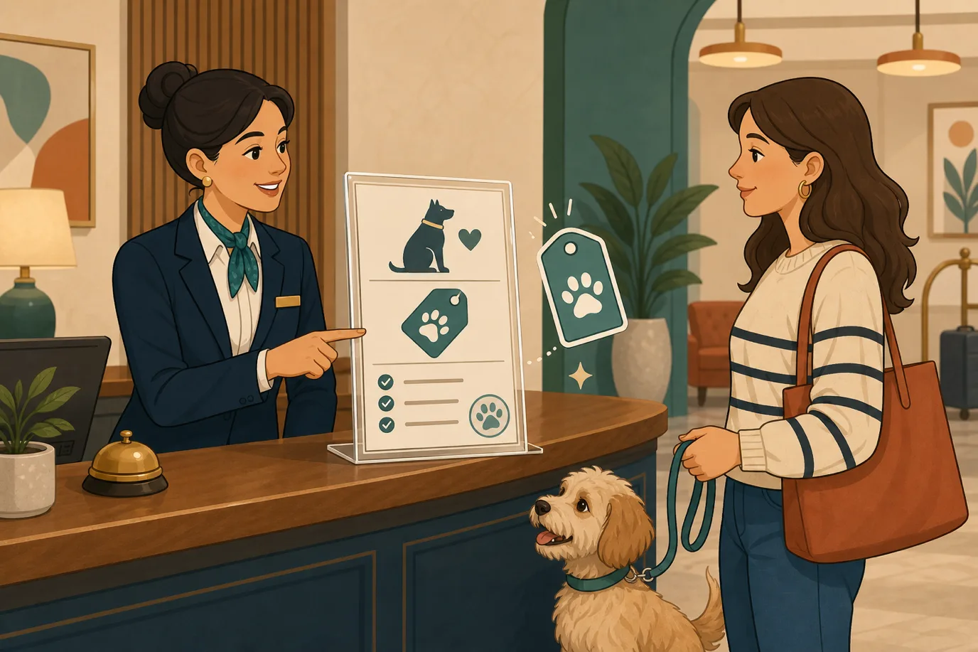 A cel-shaded editorial illustration in a warm palette with a teal accent: a hotel front desk scene where a clear pet policy card sits on the counter listing a fee, a weight limit and house rules with a paw stamp, while a receptionist points at it and a guest with a small dog nods, a tidy pricing tag floating beside the card, conveying transparent pet fees and rules agreed before the stay begins.