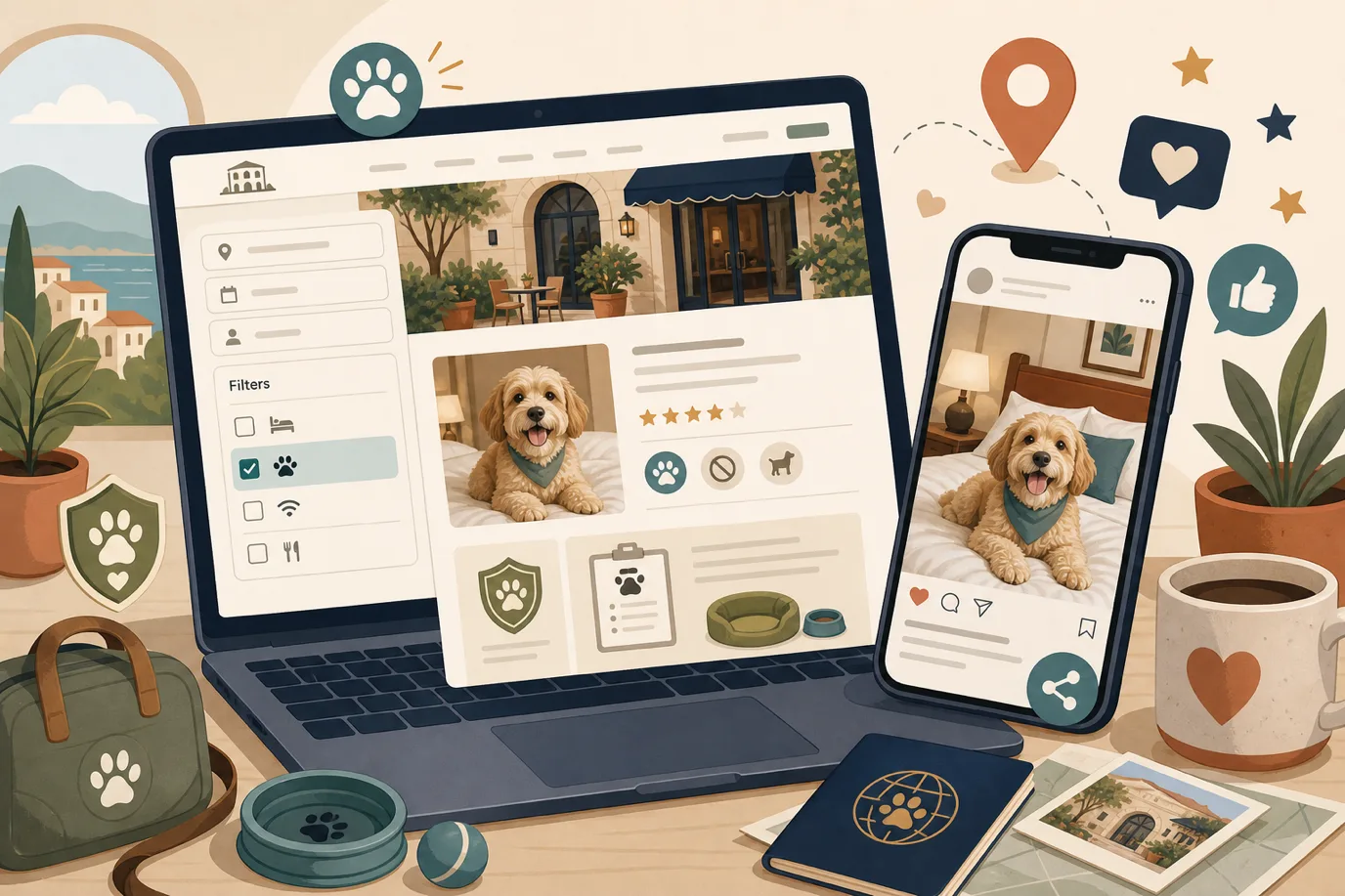 A cel-shaded editorial illustration in a warm palette with a teal accent: a laptop shows a hotel website with a pet policy page and a pet-friendly search filter ticked, beside it a phone displays a photo of a happy dog on a hotel bed being shared, small stars and a map pin floating around, conveying how pet-friendly hotels are found through filters, policy pages and guest photos.