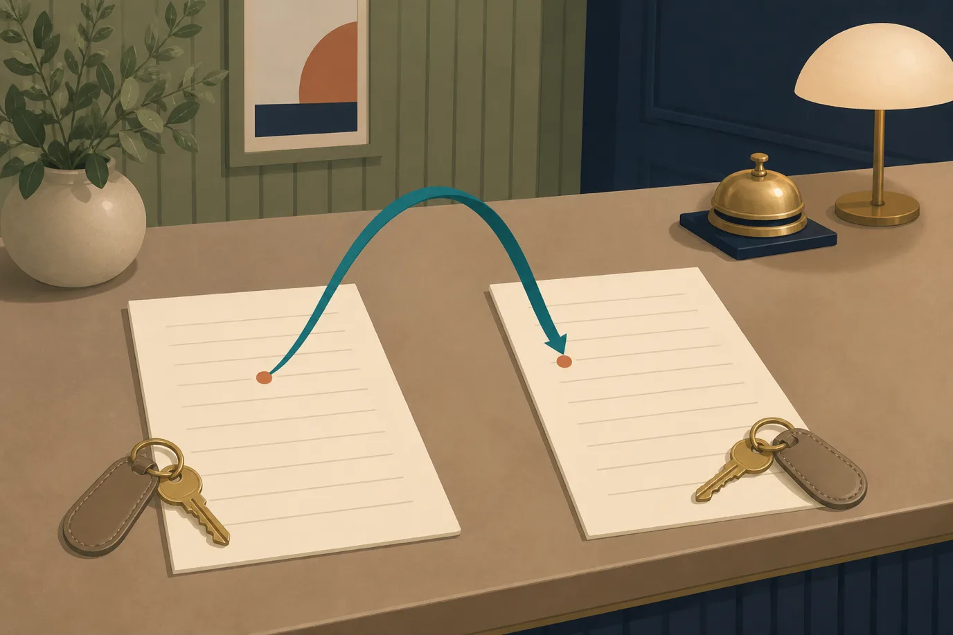 A cel-shaded editorial illustration in cream, warm taupe, sage, terracotta and deep navy showing two printed hotel folio sheets lying side by side on a reception counter, each with ruled blank lines and a small room key resting on its corner, with one charge line on the left-hand sheet marked by a terracotta dot and a curved petrol teal ribbon lifting that line across to the right-hand sheet.