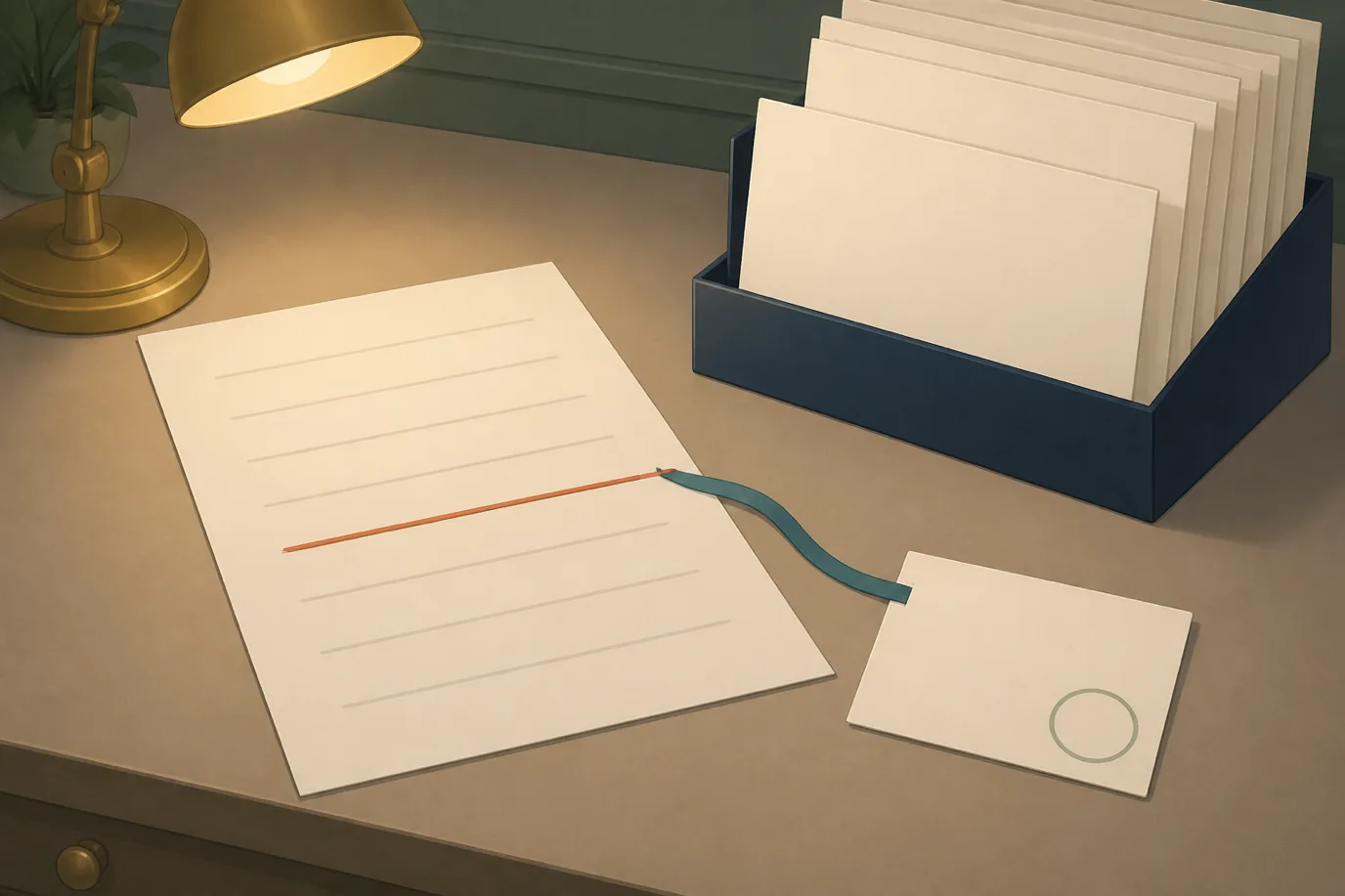 A cel-shaded editorial illustration in cream, warm taupe, sage and deep navy showing a printed hotel folio sheet on a desk with one ruled line struck through in terracotta, a small stamped correction slip lying beside it with a petrol teal ribbon linking the two, and a deep navy filing tray behind holding several upright folio sheets.