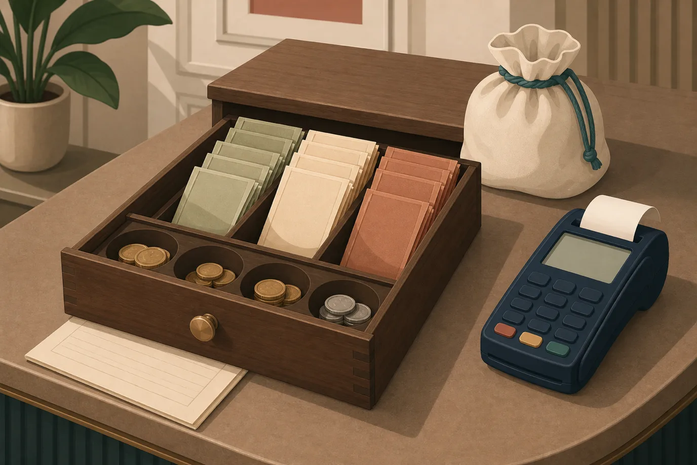 A cel-shaded editorial illustration in cream, warm taupe, sage, terracotta and deep navy showing an open hotel cash drawer seen at a slight angle on a reception counter, with banknotes fanned in the wide compartments and coins in the small ones, a curling receipt slip emerging from a compact card machine beside it, a small canvas float bag with a petrol teal drawstring resting behind, and a folded folio sheet tucked under the drawer edge.
