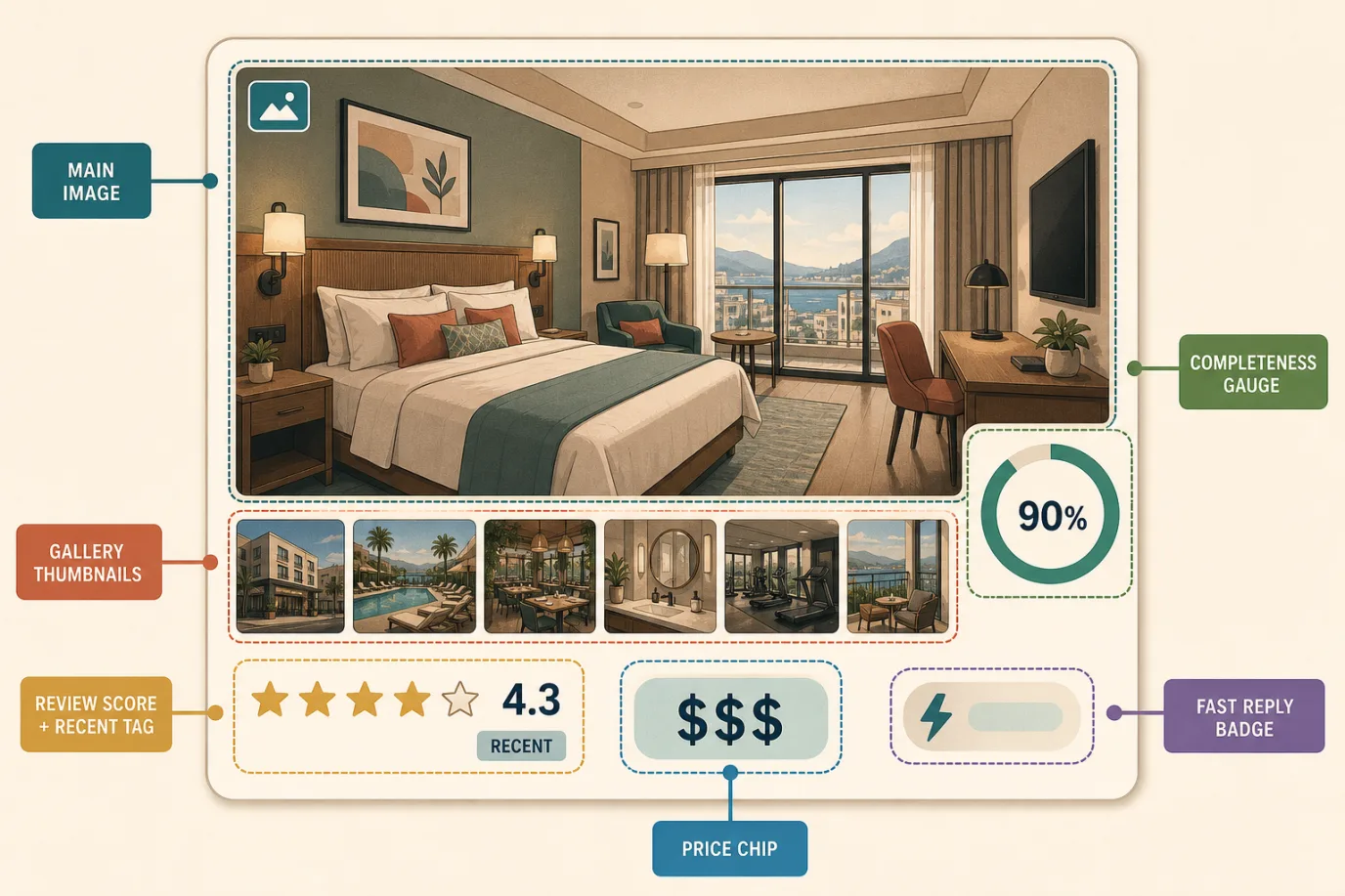 A cel-shaded editorial illustration of a single online travel listing card broken into its ranking parts, in a warm palette with a teal accent. A large hero photo panel sits at the top marked as the main image, below it a row of smaller gallery thumbnails, a content-completeness meter shown as a near-full circular gauge, a star review score with a small recent-reviews tag, a price chip, and a fast-reply badge, each element gently highlighted to show what feeds the sort.