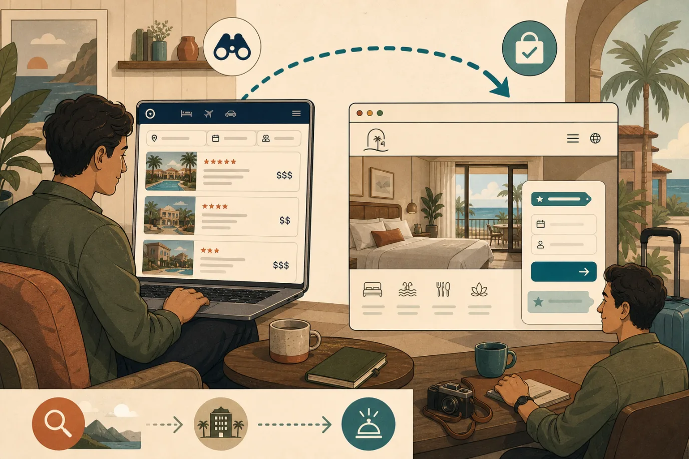 A cel-shaded editorial illustration of the billboard effect in a warm palette with a teal accent. On the left, a traveller looks at a hotel listing on an online travel search results screen; a dotted path arcs from that screen to the right, where the same traveller now sits at the hotels own website with a clean direct booking button and a small members rate tag, illustrating discovery on the OTA turning into a direct booking.