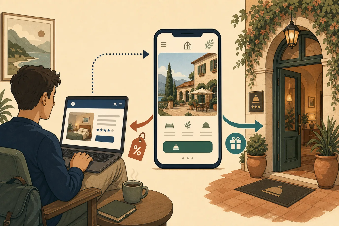 A cel-shaded editorial illustration of the billboard effect in a warm palette with a teal accent: a traveller at a laptop sees a hotel on an OTA listing screen, a dotted arrow leads to a second screen showing the hotel's own website, and from there two diverging paths, one arrow returning to the OTA marked with a commission price tag, and one arrow leading directly to the hotel front door marked with a small gift perk icon, showing the moment a guest chooses between booking direct or through the platform.