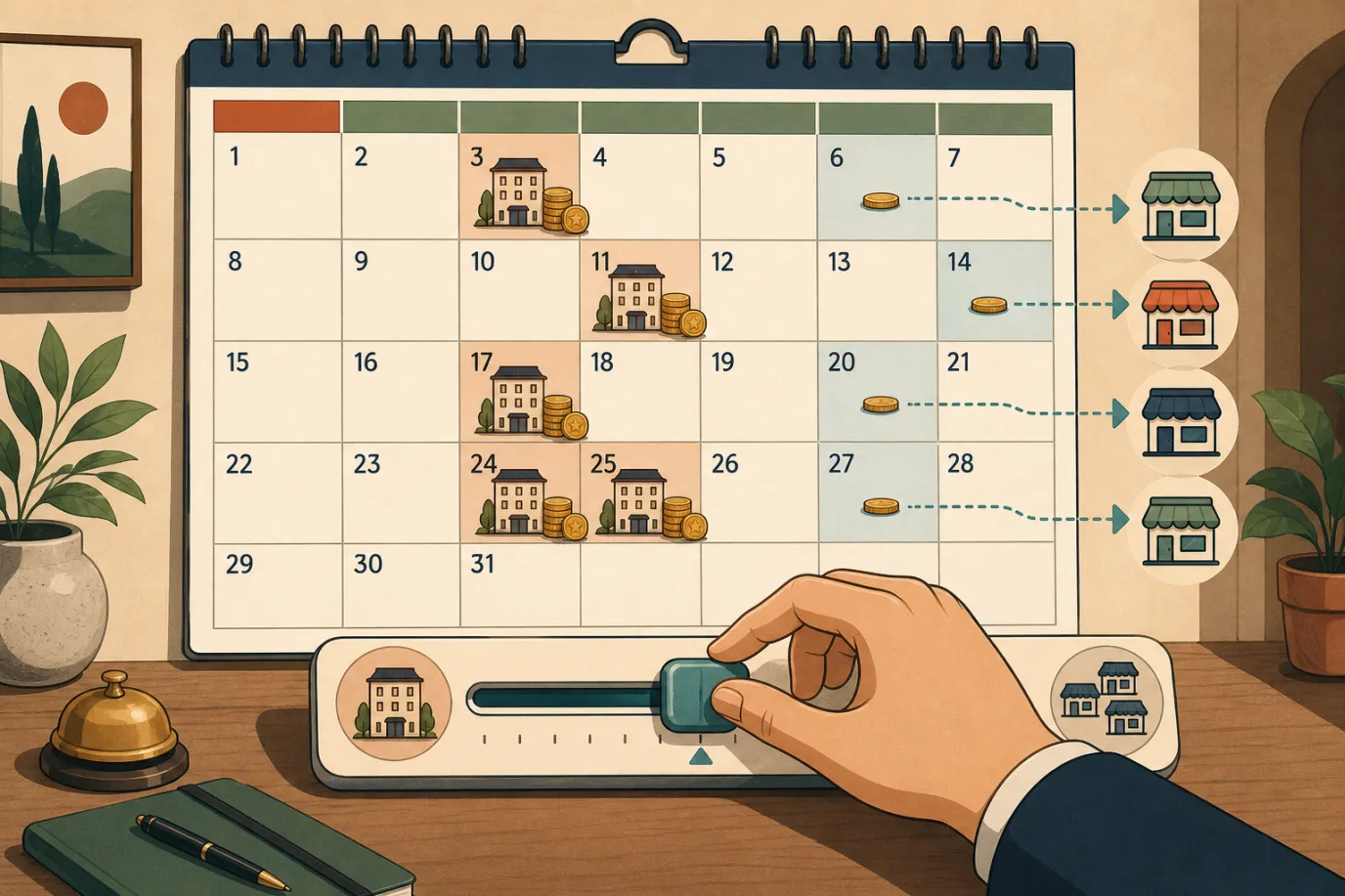 A cel-shaded editorial illustration of a hotel channel mix being steered across a calendar, in a warm palette with a teal accent: a monthly calendar where high-demand dates hold coins staying at the hotel building icon and low-demand dates show small streams routed toward OTA storefront icons, with a hand adjusting a slider between a direct-booking channel and OTA channels, conveying deliberate seasonal management of where bookings come from.
