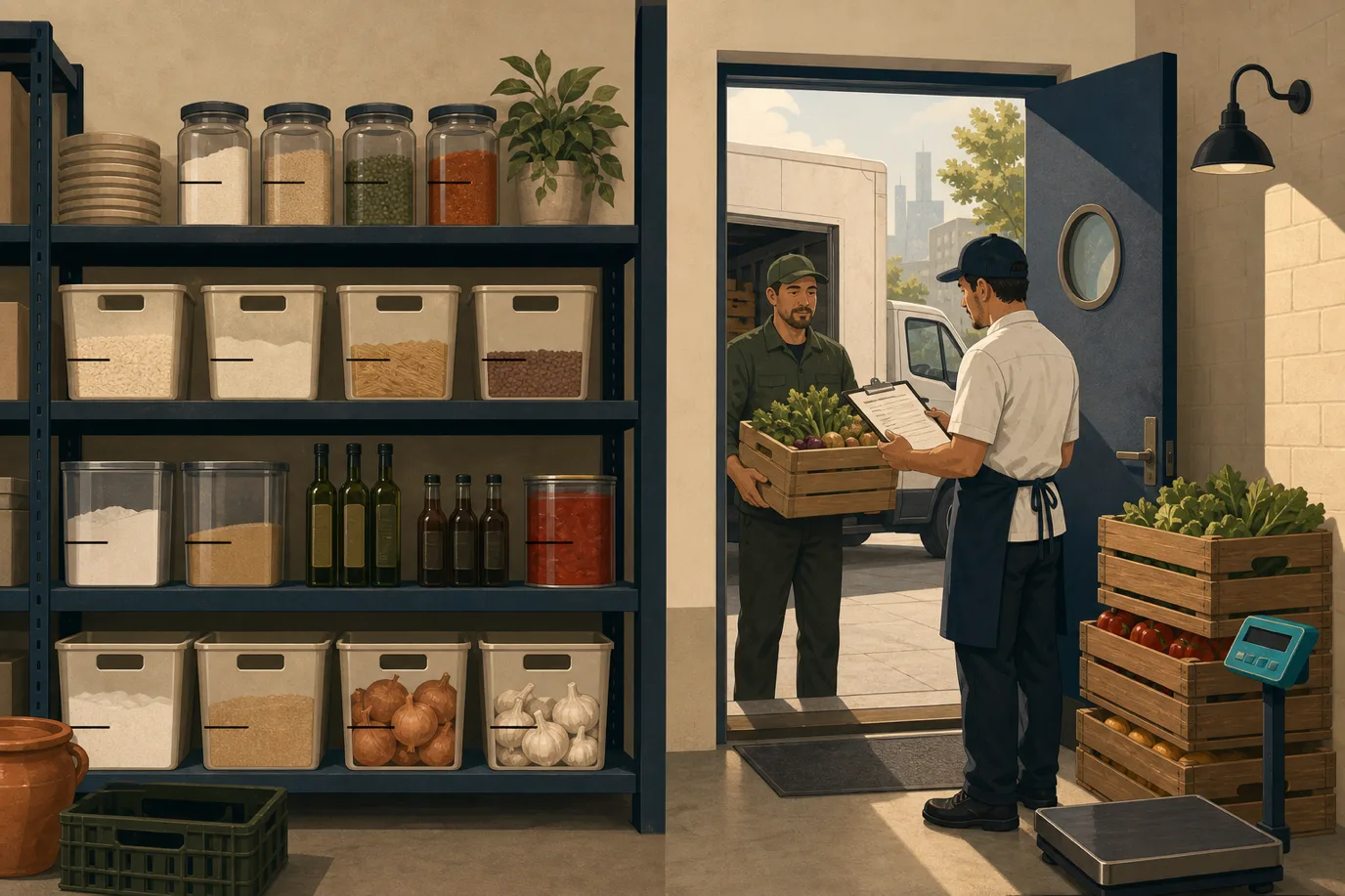 A cel-shaded editorial illustration in a warm palette with a teal accent: a storeroom shelf with labelled bins and visible par-level marker lines, beside it a kitchen worker receives a delivery at the back door, checking crates against an invoice on a clipboard while a scale sits ready, conveying par levels and disciplined receiving as the foundation of restaurant inventory.
