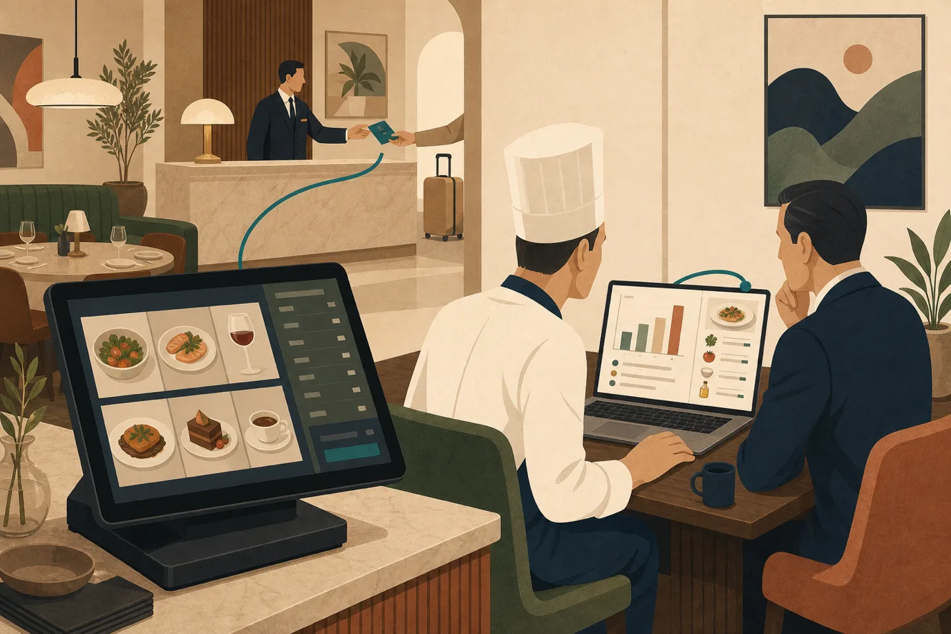 A cel-shaded editorial illustration in a warm palette with a teal accent: a hotel restaurant point-of-sale terminal in the foreground shows an order posting to a guest room folio, connected by a subtle flowing line to a back-office screen with a variance chart and a recipe cost card, a chef and a manager reviewing the numbers together, conveying the connected flow from POS sale to inventory usage to the hotel ledger.