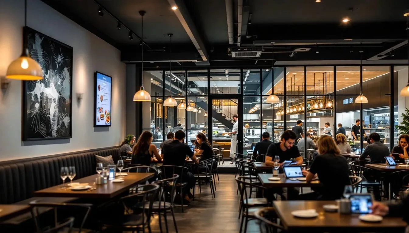 In the image, a modern restaurant interior is depicted, featuring customers enjoying their meals while using technology for an enhanced dining experience. The atmosphere reflects current industry trends in the foodservice industry, emphasizing operational efficiency and customer convenience.