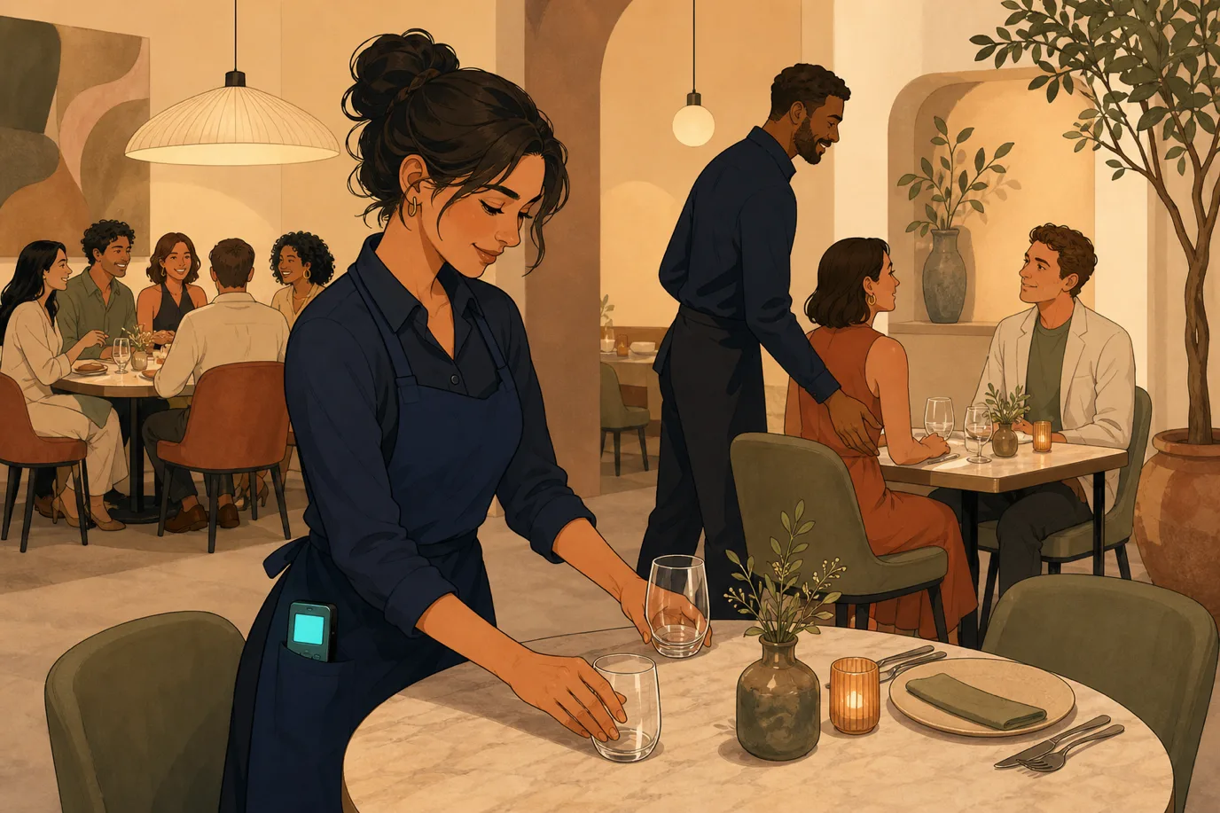 A cel-shaded editorial illustration in a warm palette with a teal accent: a server pays close attention while resetting a table in a lively restaurant, a small handheld payment device glowing teal in her apron pocket, and in the background two guests are being seated at a compact table for two while a larger table hosts a group of six, conveying turn time and table mix as the levers that raise revenue per seat hour.