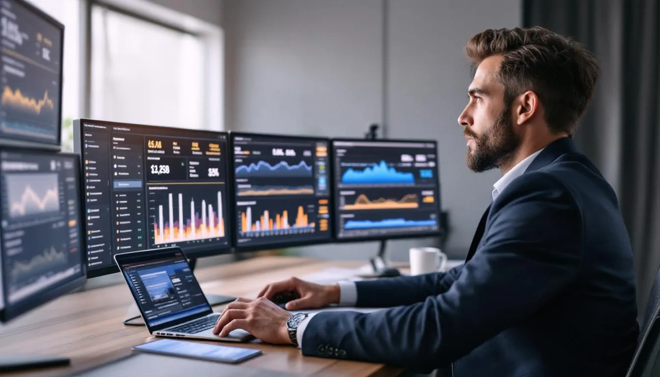In the image, a hotel revenue manager is intently analyzing booking data and demand forecasts displayed on multiple computer screens, which show various details such as the number of rooms available, room types, and unsold rooms. This scene highlights the importance of effective management in optimizing room allotments and maximizing hotel revenue.