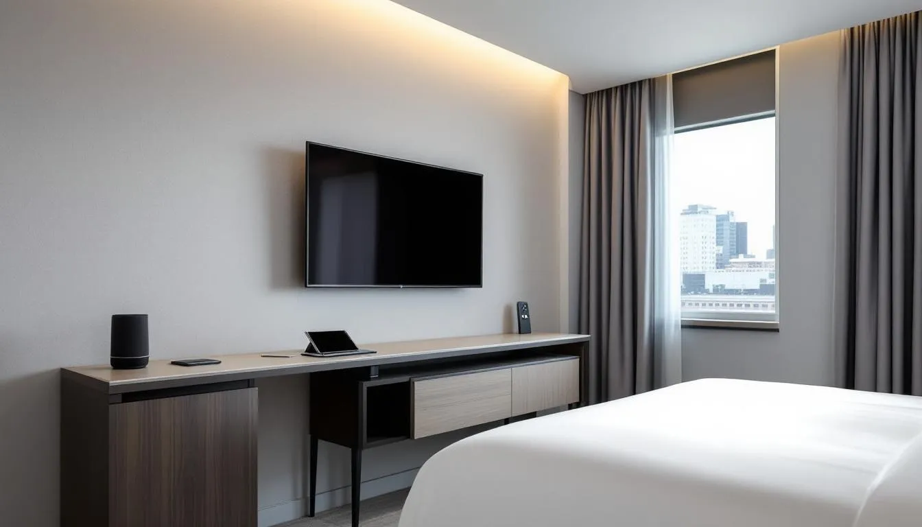 In a modern hotel room, various digital devices are integrated with smart technology, allowing guests to easily access hotel services through an app. Features like QR codes and push notifications enhance the guest experience by simplifying order requests for room service and spa treatments.