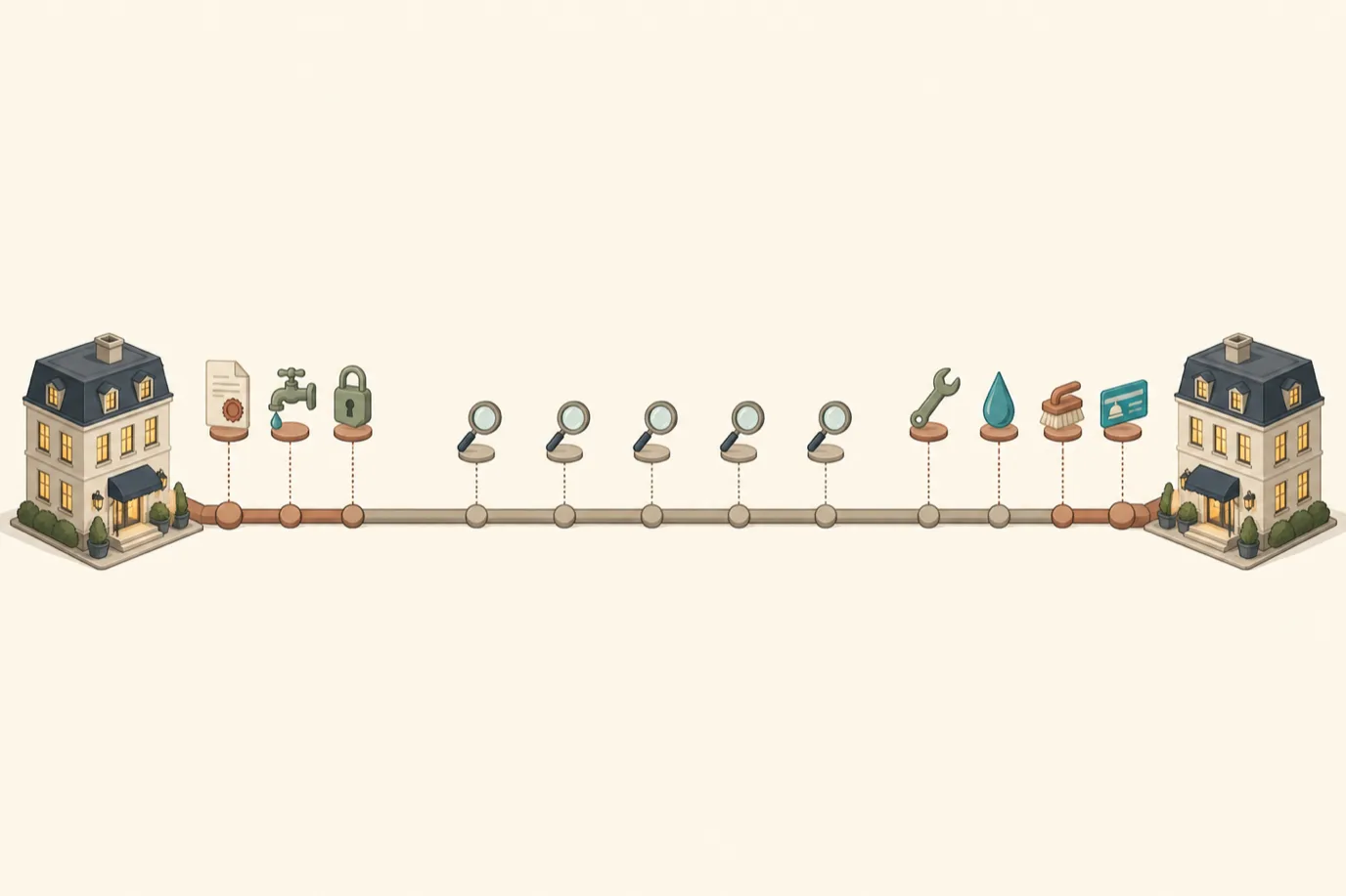 A cel-shaded isometric editorial illustration in a warm palette with a teal accent: a horizontal timeline running from a closing date on the left to a reopening date on the right, with markers above it for insurance notification, the final guest departure, drain-down, the quiet mid-closure inspection interval shown as evenly spaced small icons, then service visits, recommissioning, deep clean and a test booking clustered near the reopening end.