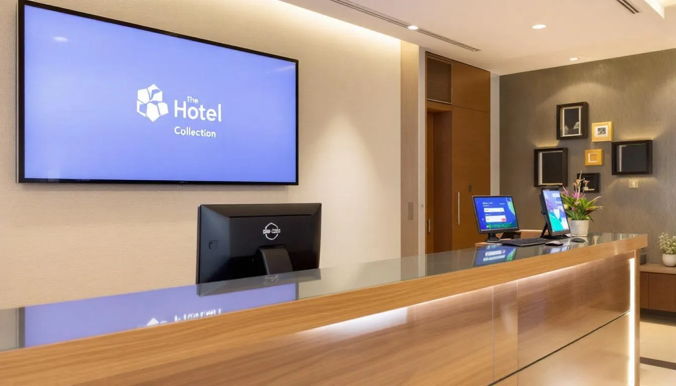 A modern hotel reception desk features sleek computer systems and digital displays that facilitate hotel operations, enhancing guest experiences and improving operational efficiency. This setup reflects the integration of hotel management software designed to simplify processes and maximize revenue for independent hotels and hotel chains alike.