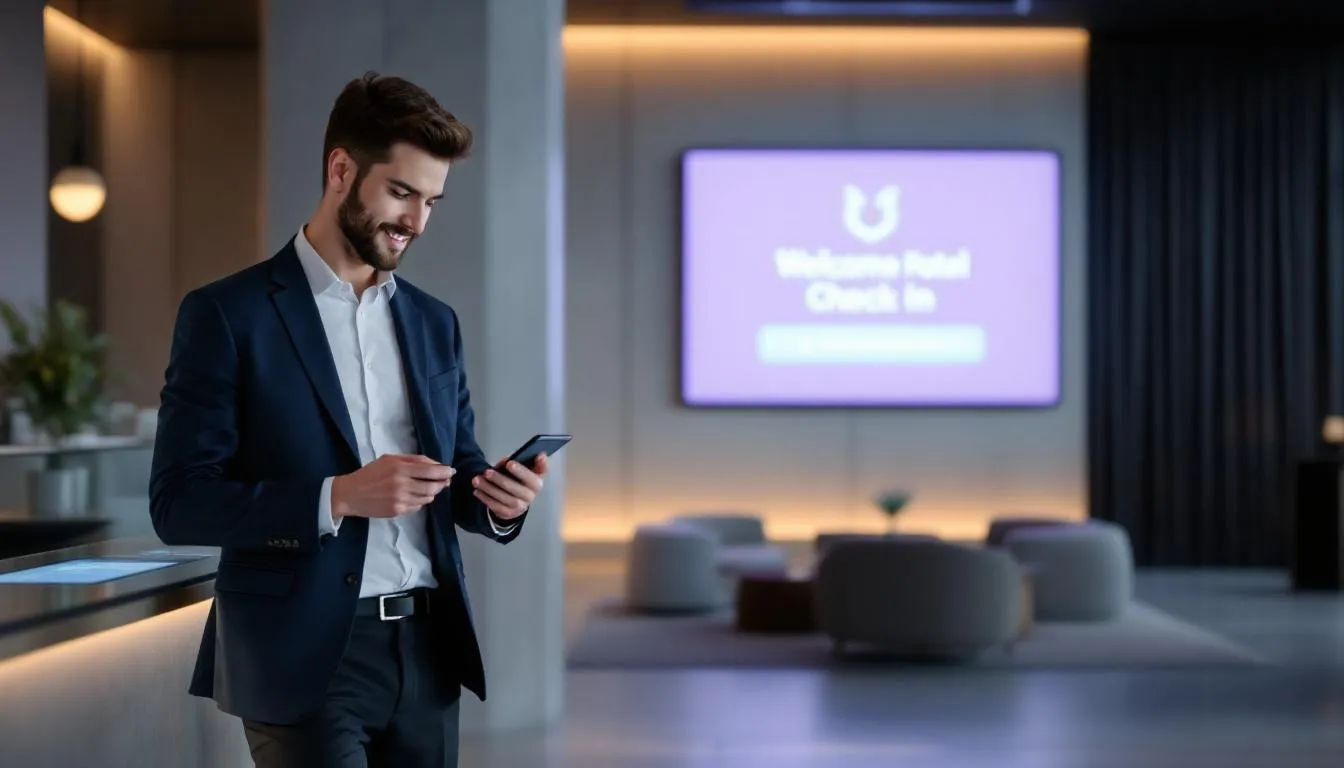 In a modern hotel lobby, a guest is using a mobile device for contactless check-in, showcasing the integration of hotel management software to enhance guest experiences and improve operational efficiency. The environment reflects a focus on maximizing guest satisfaction through innovative technology in the hospitality industry.