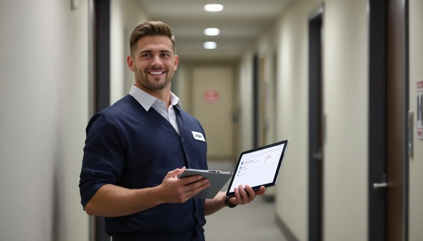 A hotel staff member is seen using a tablet to efficiently manage room assignments and housekeeping tasks, showcasing the integration of hotel management software for simplified operations and enhanced guest experiences. This scene highlights the importance of operational efficiency in the hospitality industry, ensuring guest satisfaction and maximizing revenue.