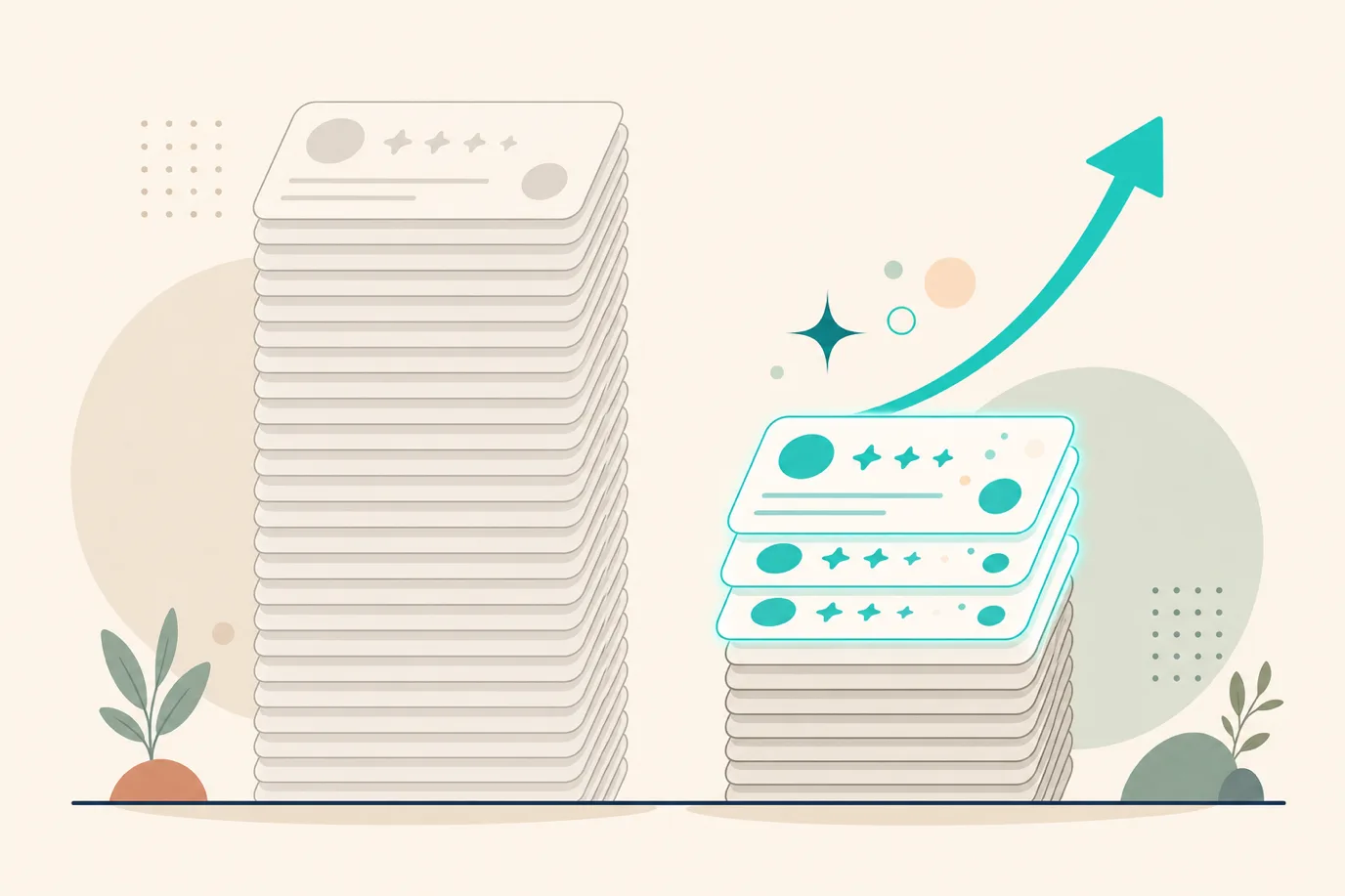 A cel-shaded editorial illustration in a warm palette with a teal accent: two abstract stacks of review cards side by side, a tall pale stack of faded older cards and a shorter stack whose top cards glow teal, with a rising arrow above the shorter one, conveying that a steady flow of recent reviews outranks a larger pile of old ones.