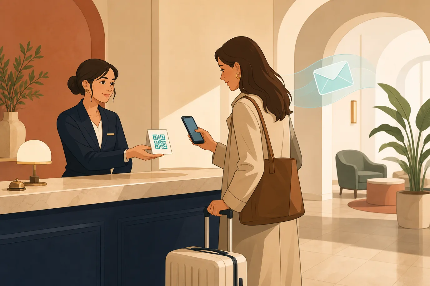 A cel-shaded editorial illustration in a warm palette with a teal accent: a departing guest at a hotel desk scans a small teal QR card offered by a receptionist while a suitcase waits beside them, and a faint envelope icon trails behind the guest, conveying that review requests should be captured at checkout and reinforced by a post-stay email.