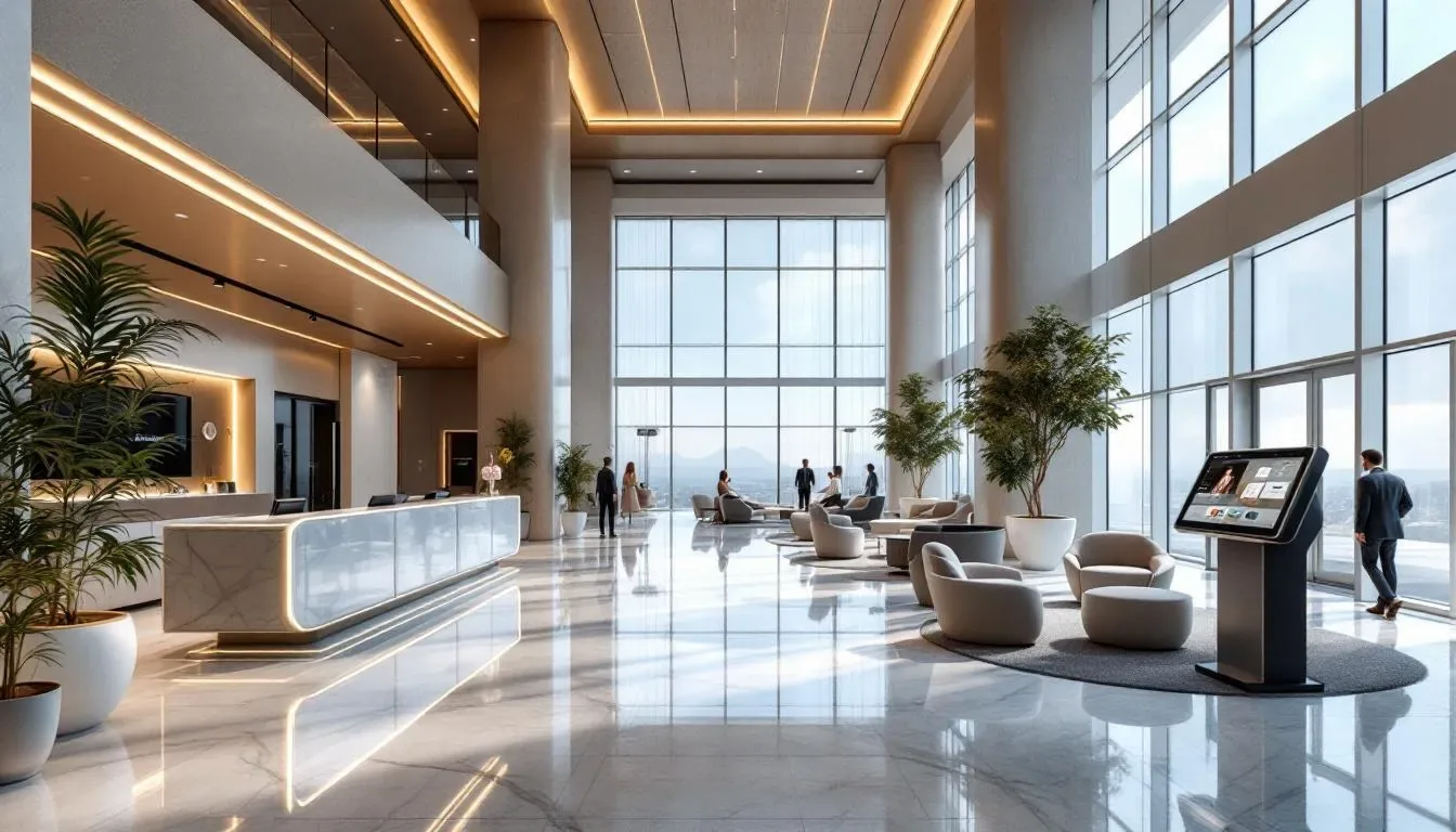 The image depicts a luxurious hotel lobby featuring sleek, modern design elements and advanced technology integration, including integrated payment terminals and mobile devices for guest communication. This boutique hotel environment highlights the use of a property management system, showcasing essential tools for managing reservations and financial transactions.