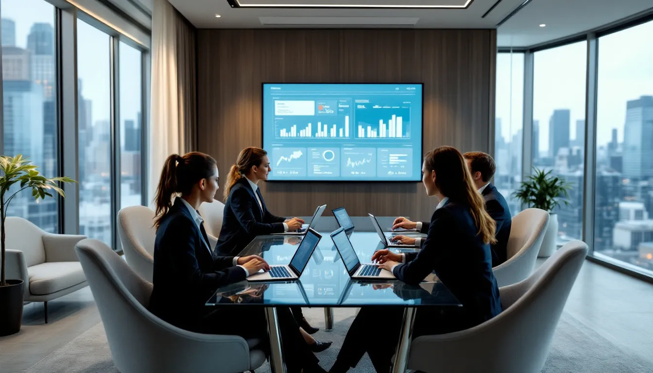 In a modern hotel management office, a diverse team is collaborating with advanced technology systems to simplify financial reporting and enhance operational efficiency in the lodging industry. They are discussing valuable business insights related to hotel accounting, focusing on key metrics and expense categories to improve decision-making for hotel owners and management companies.