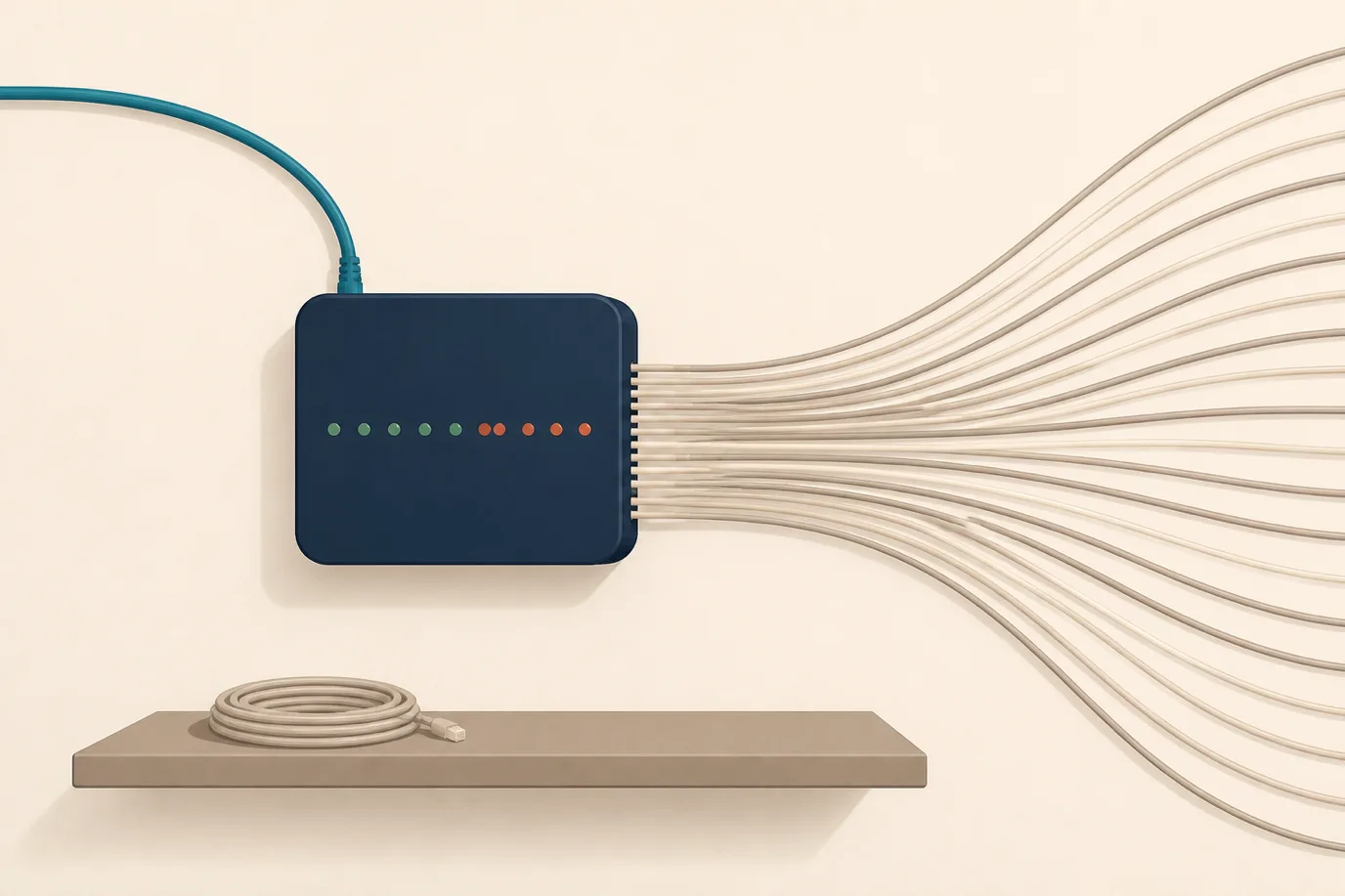A soft cel-shaded editorial illustration in cream, warm taupe, sage, terracotta and deep navy showing a plain wall with a single deep navy wall-mounted gateway box carrying a row of small sage and terracotta indicator lights: one bright petrol teal cable curves into it from the upper left, and a wide fan of thin cream cables spreads out from its right-hand side and runs off the edge of the frame, with a coiled spare cable resting on a taupe shelf below.