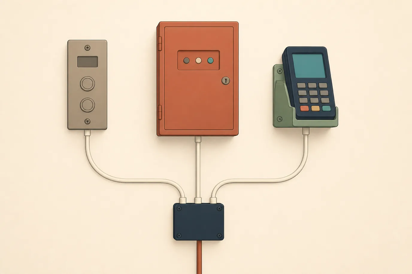 A soft cel-shaded editorial illustration in cream, warm taupe, sage, terracotta and deep navy showing three wall-mounted devices in a row with no writing on any of them: a taupe lift call panel with two blank round buttons on the left, a terracotta fire alarm panel with a small cluster of indicator lights in the centre, and a card payment terminal on a sage bracket with a blank keypad on the right, each with a thin cream cord curving down and inward to converge on one small deep navy junction box, from which a single copper-coloured line runs off the bottom of the frame.