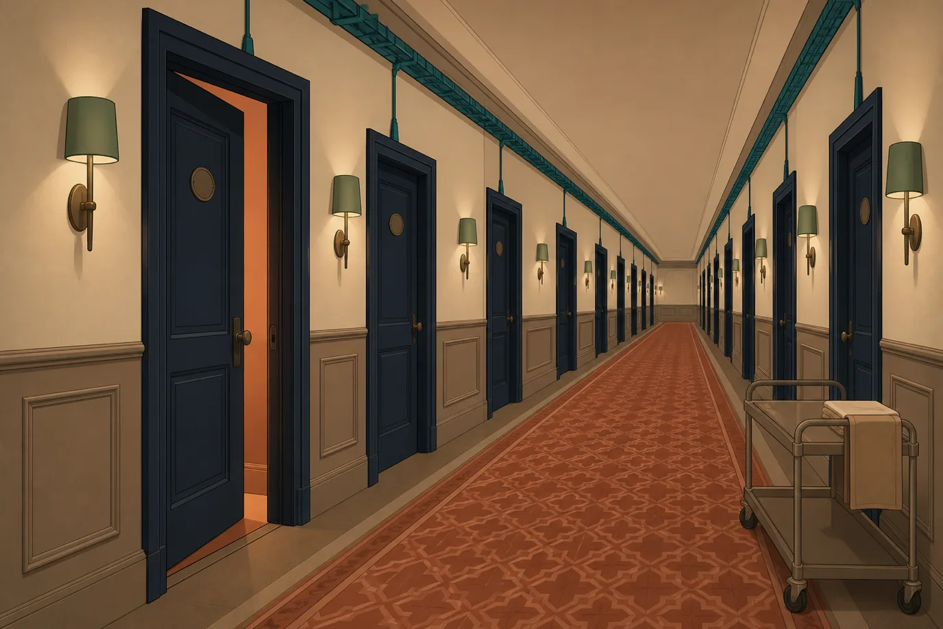 A soft cel-shaded editorial illustration in cream, warm taupe, sage, terracotta and deep navy showing a hotel guest corridor at night in one-point perspective: cream and taupe walls with deep navy panelled doors along both sides, sage wall sconces casting warm pools of light, a terracotta patterned runner down the centre, a slim petrol teal cable tray running along the ceiling with short drops descending to each doorway, one door ajar with warm light spilling out, and a taupe service trolley against the right wall in the foreground.