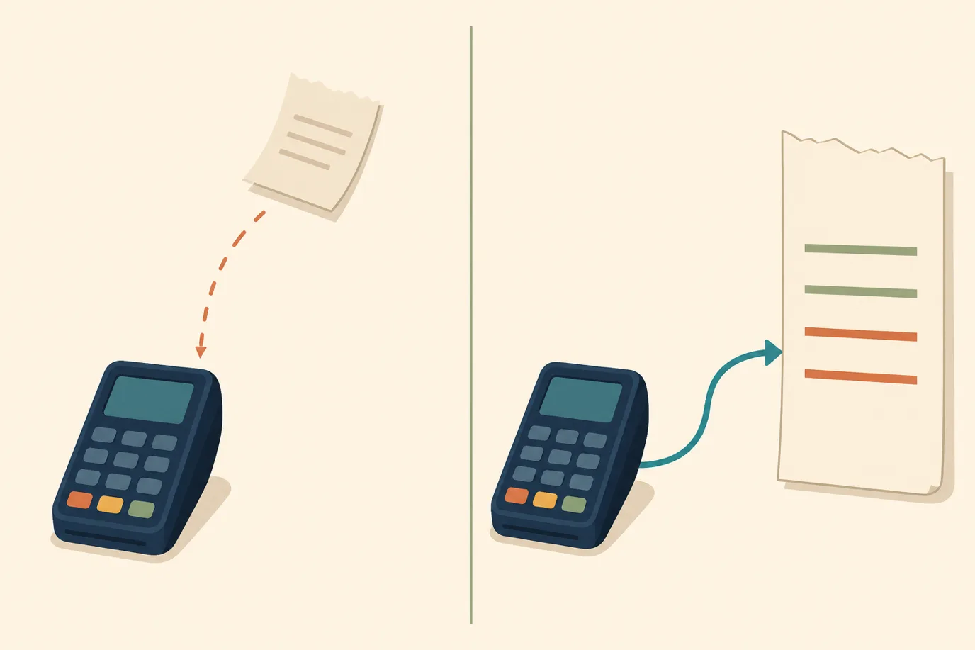 A cel-shaded editorial diagram contrasting two setups: on the left a standalone EPOS terminal sitting alone with a paper docket being carried away by hand, on the right the same terminal connected by a clear line to a guest folio document, with the charge already printed on it.