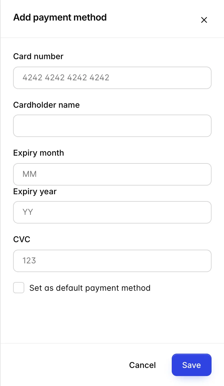 The Add payment method drawer, holding fields for the cardholder name, the card number, an expiry month, an expiry year and a CVC, with a checkbox to make the card the default and Cancel and Save buttons at the foot.