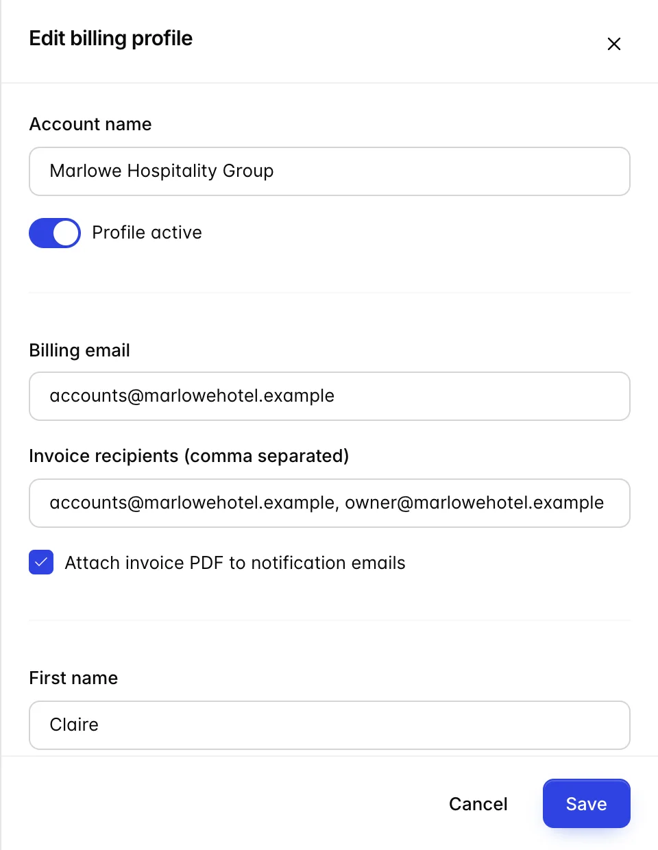The Edit billing details drawer, holding fields for the account name and billing email, a first and last name, a company name, two address lines, a city, a state, a country and a postcode, with Cancel and Save buttons at the foot.