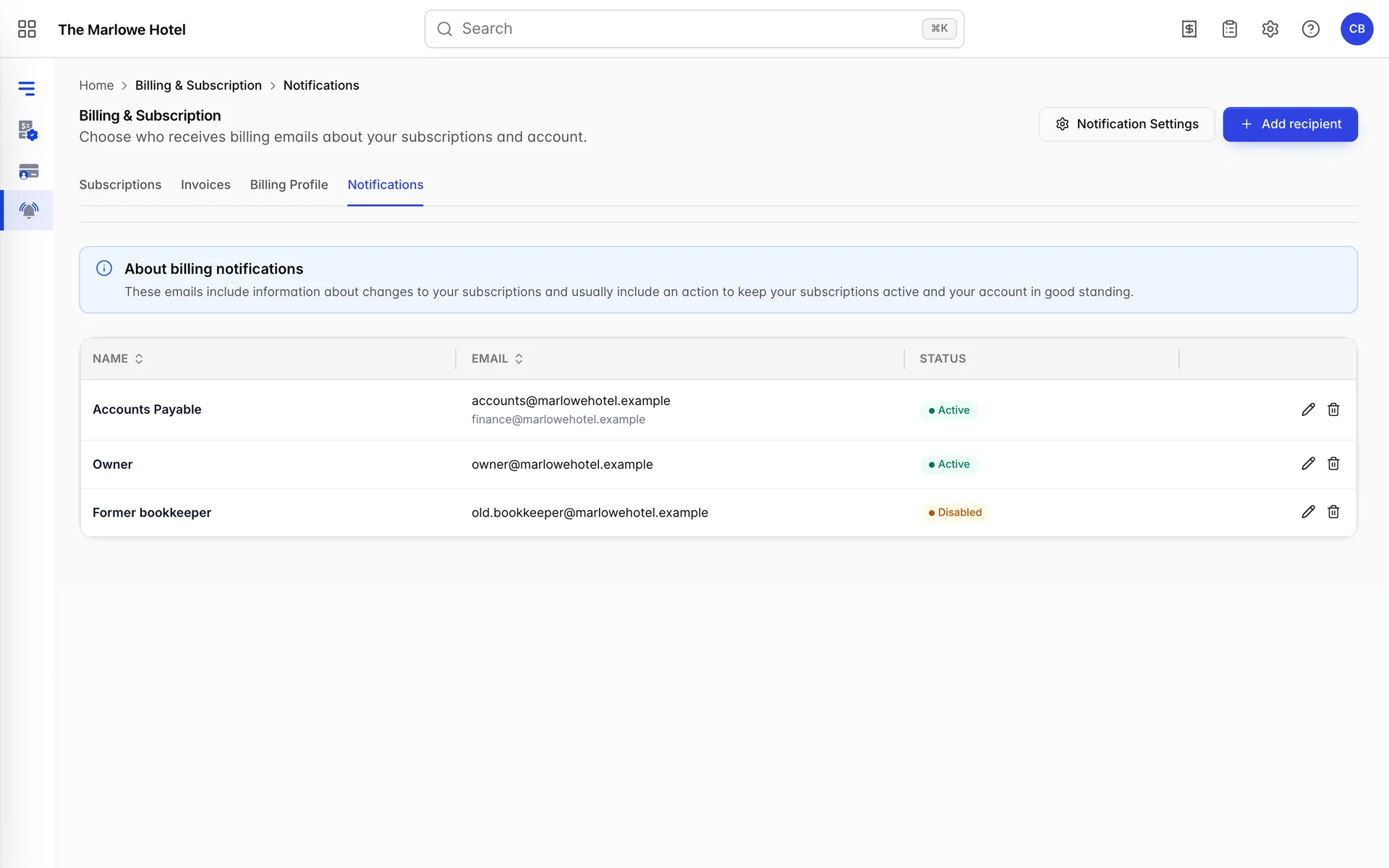 The Notifications tab, with a Notification Settings button and an Add recipient button above a table of billing email recipients showing a name, an email address and edit and delete buttons on each row.