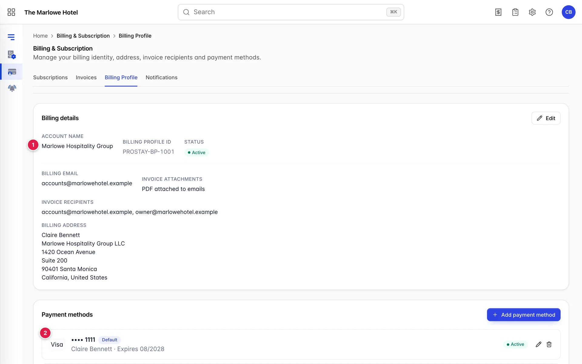 The Billing Profile tab. A Billing details card with an Edit button lists Account name, Billing profile ID, Status, Billing email, Invoice attachments, Invoice recipients and the billing address. Below it a Payment methods card with an Add payment method button lists two saved cards.