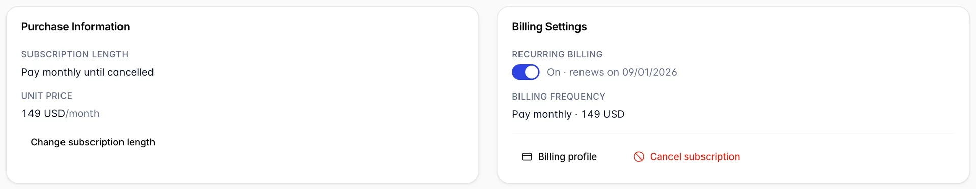 The Billing Settings panel on a product detail page. Recurring billing shows a switch reading On beside the renewal date, Billing frequency names the current term, and below them sit a billing profile link and a red Cancel subscription action.