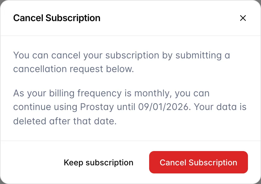 The first step of the Cancel Subscription dialog, explaining that a cancellation request is submitted below, and that because of the current billing frequency Prostay can be used until the renewal date, after which the data is deleted. Keep subscription and Cancel Subscription buttons sit at the foot.