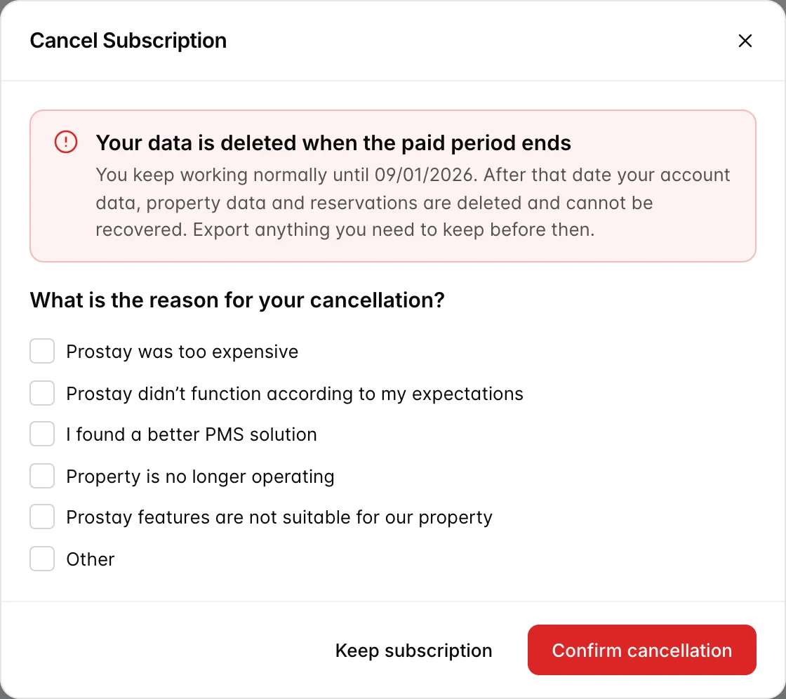 The second step of the Cancel Subscription dialog. A red panel headed "Your data is deleted when the paid period ends" explains that work continues normally until the renewal date and that account data, property data and reservations are deleted after it and cannot be recovered. Below, a list of cancellation reasons with checkboxes, and Keep subscription and Confirm cancellation buttons at the foot.