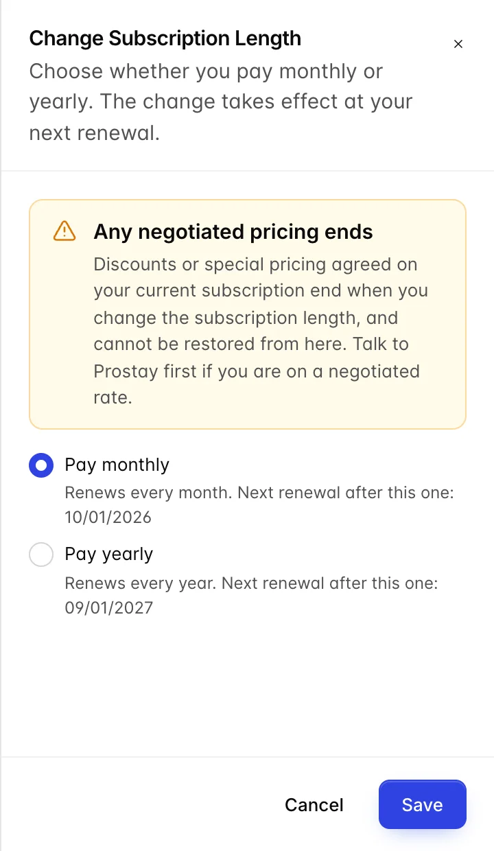 The Change Subscription Length drawer. An amber warning panel headed "Any negotiated pricing ends" sits above two options, Pay monthly and Pay yearly, each with a hint naming the renewal that follows the current one. Cancel and Save buttons sit at the foot.