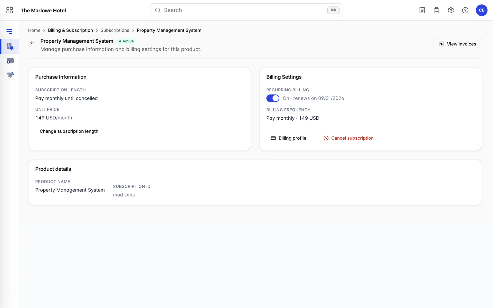 The detail page for one product, headed with the product name and an Active badge. Purchase Information shows Subscription length and Unit price with a Change subscription length button. Billing Settings shows Recurring billing, reading On and naming the renewal date, and Billing frequency, with links to the billing profile and a red Cancel subscription action. Product details below shows the product name and its subscription ID.