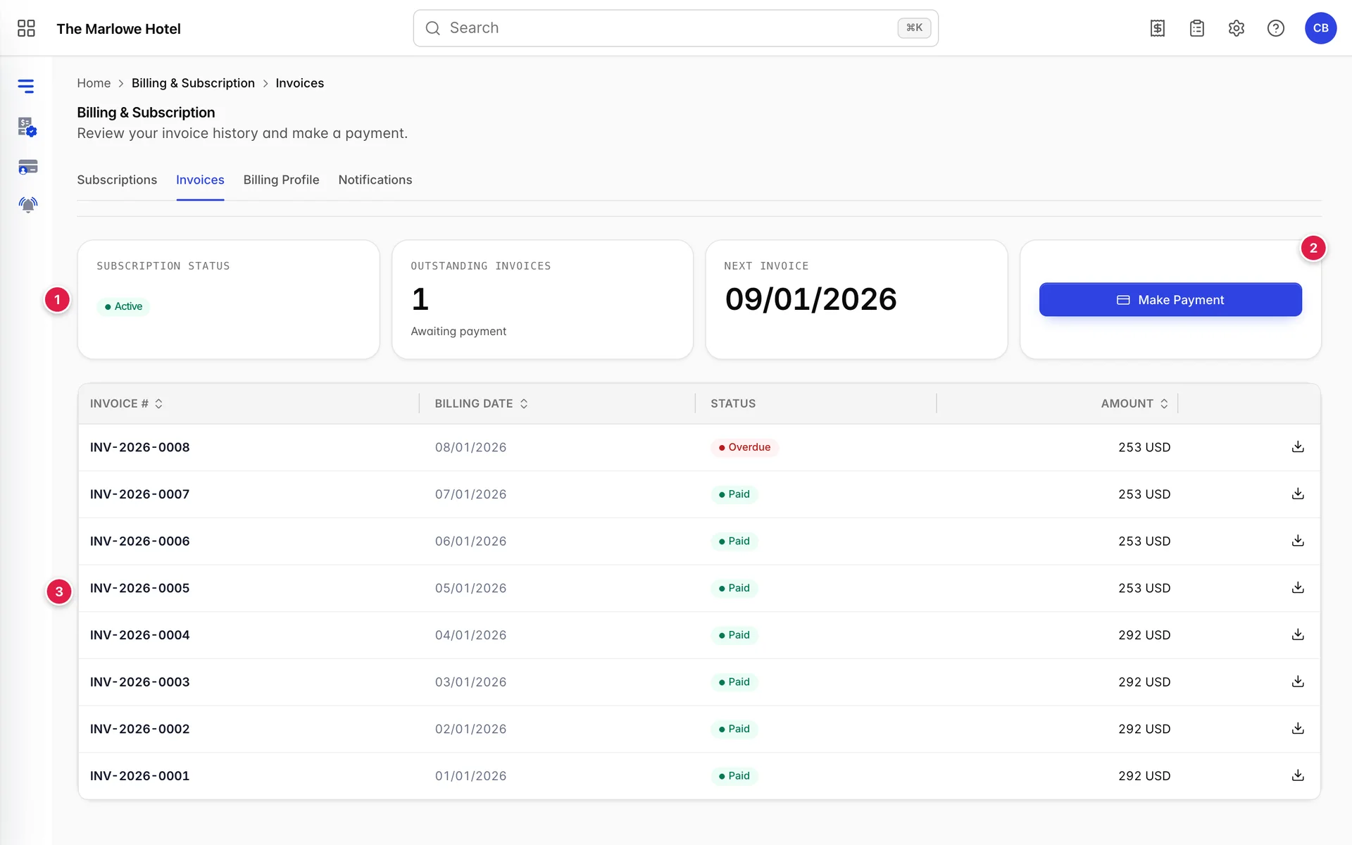 The Invoices tab. Three summary tiles read Subscription status, Outstanding invoices with a count subtitled Awaiting payment, and Next invoice showing a date with a Make Payment button beside it. Below, a table of invoices with columns for Invoice number, Billing date, Status and Amount, newest first.