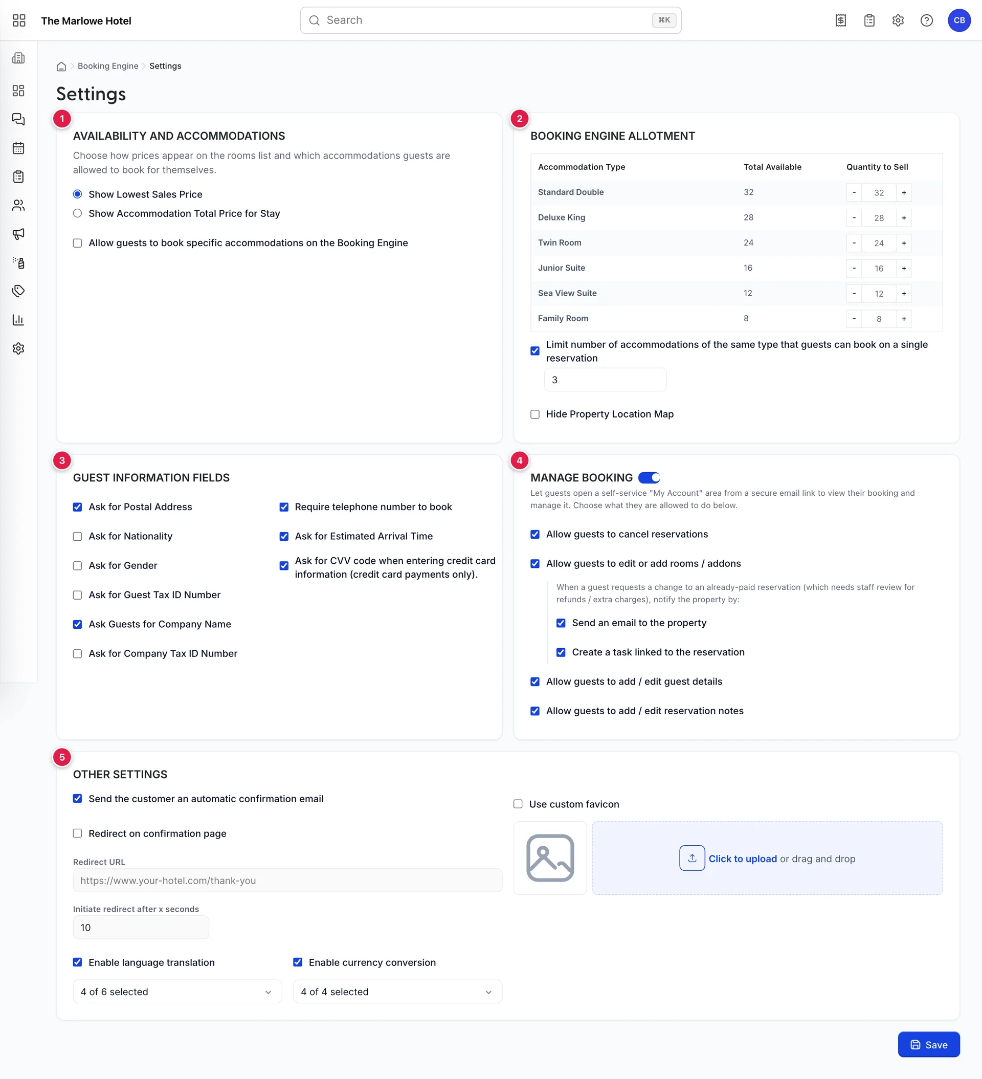 The Booking Engine Settings screen with five cards: Availability and Accommodations, Booking Engine Allotment, Guest Information Fields, Manage Booking, and Other Settings, with a Save button at the bottom right.